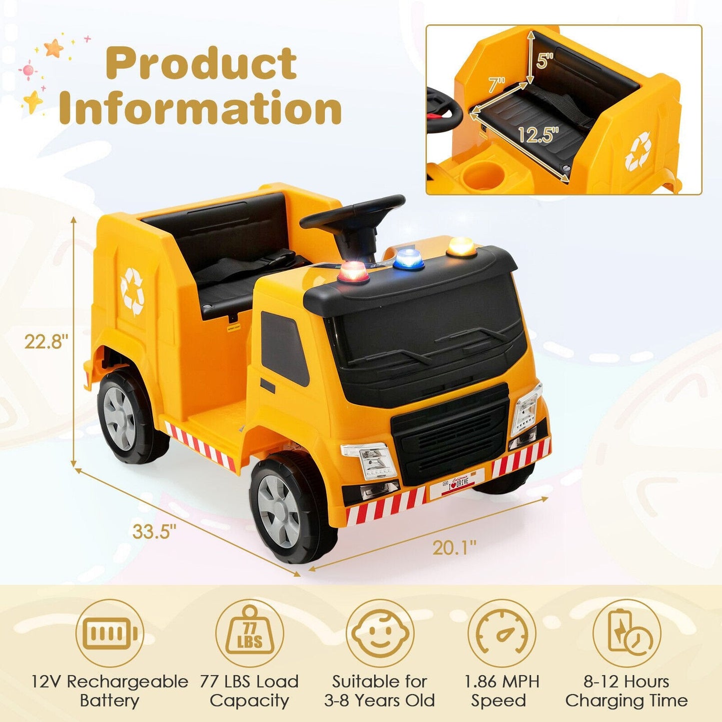 12V Kids Ride-on  Garbage Truck with Warning Lights and 6 Recycling Accessories, Yellow Powered Ride On Toys   at Gallery Canada