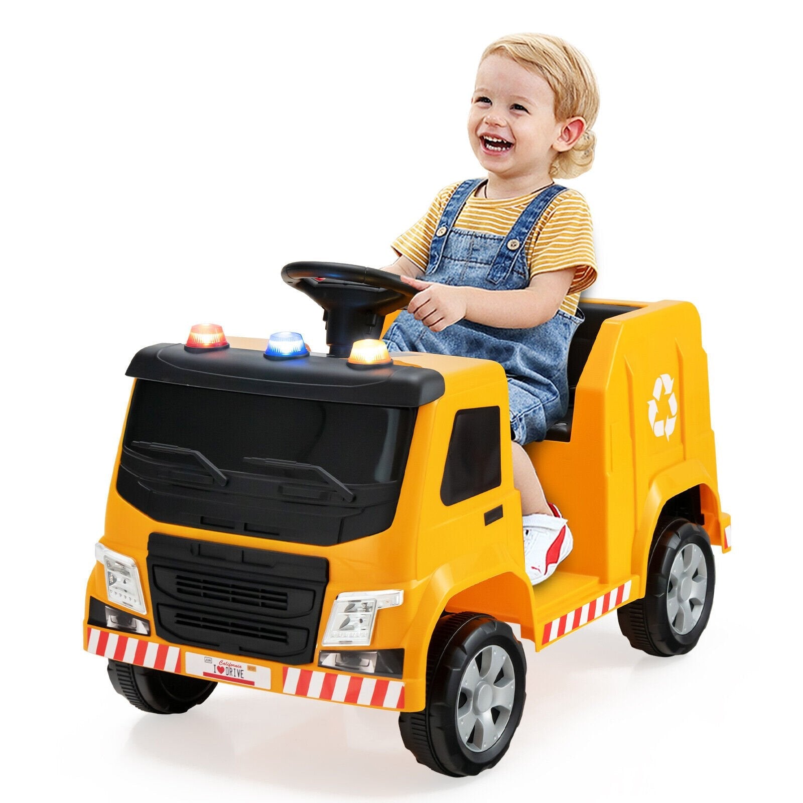 12V Kids Ride-on  Garbage Truck with Warning Lights and 6 Recycling Accessories, Yellow Powered Ride On Toys   at Gallery Canada