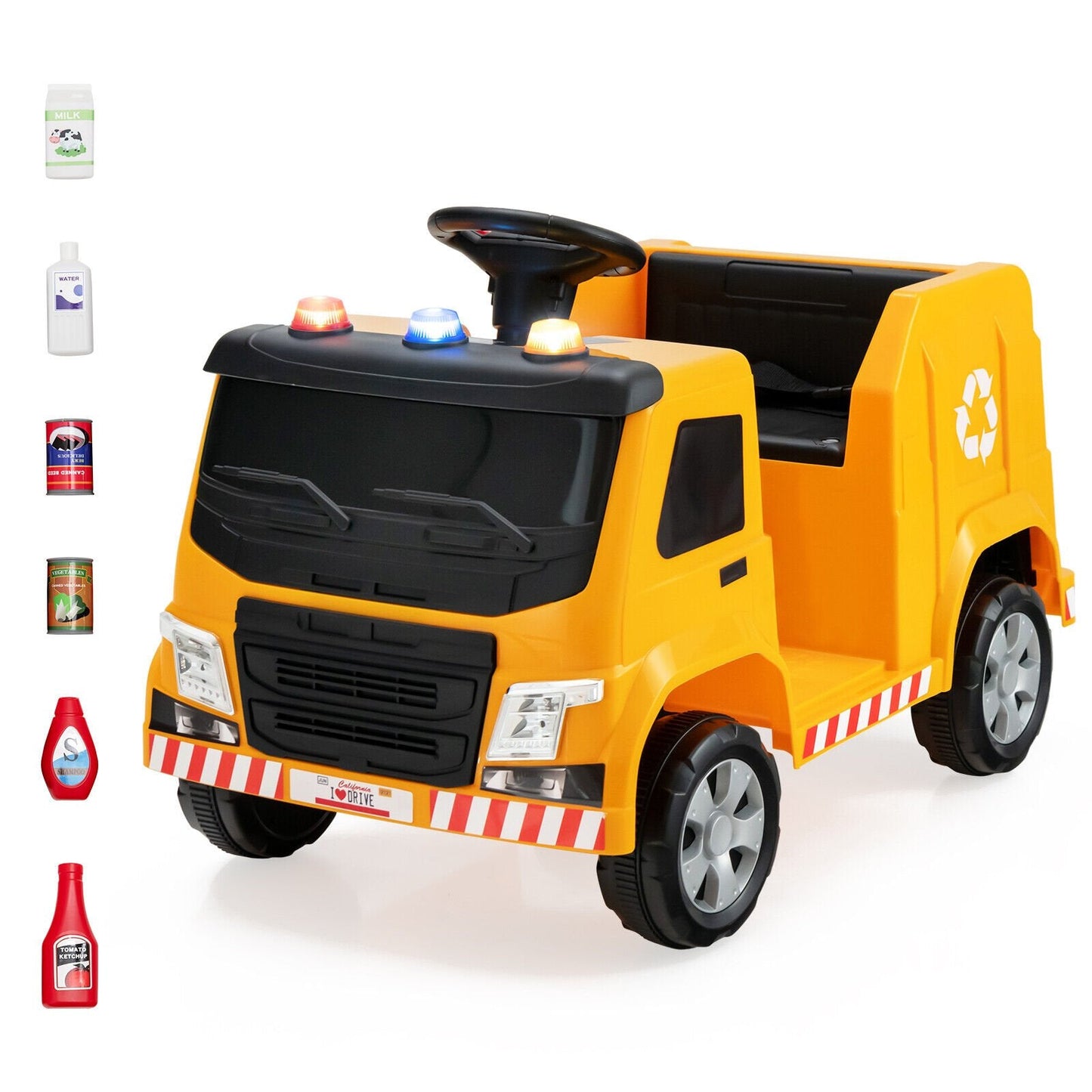 12V Kids Ride-on  Garbage Truck with Warning Lights and 6 Recycling Accessories, Yellow Powered Ride On Toys   at Gallery Canada