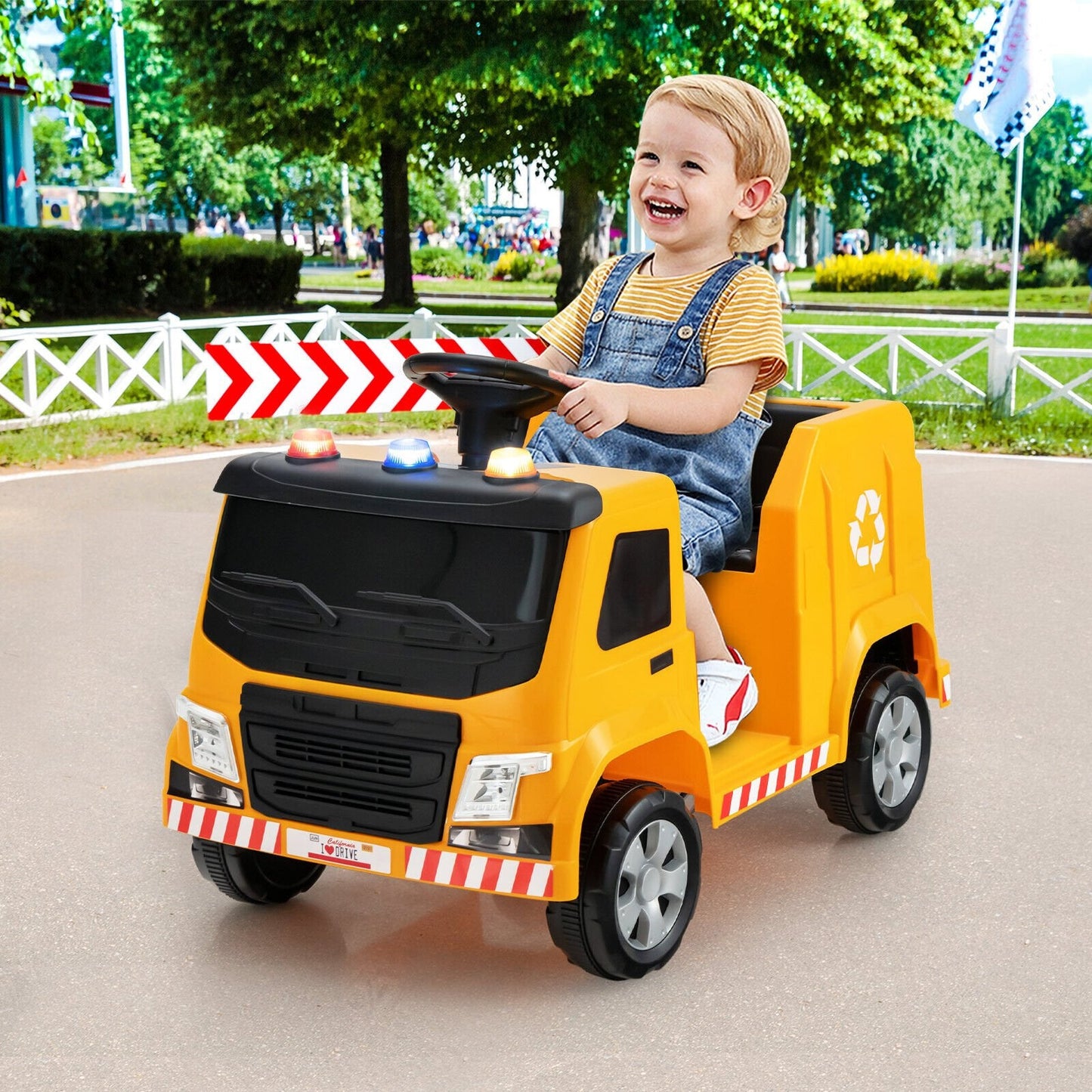 12V Kids Ride-on  Garbage Truck with Warning Lights and 6 Recycling Accessories, Yellow Powered Ride On Toys   at Gallery Canada