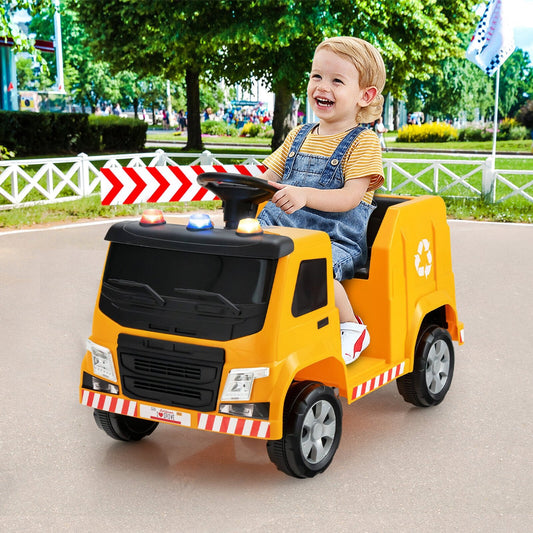 12V Kids Ride-on  Garbage Truck with Warning Lights and 6 Recycling Accessories, Yellow Powered Ride On Toys   at Gallery Canada