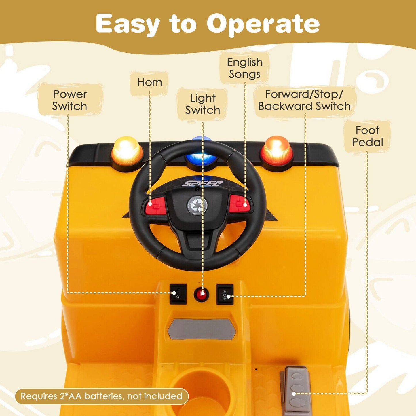 12V Kids Ride-on  Garbage Truck with Warning Lights and 6 Recycling Accessories, Yellow Powered Ride On Toys   at Gallery Canada