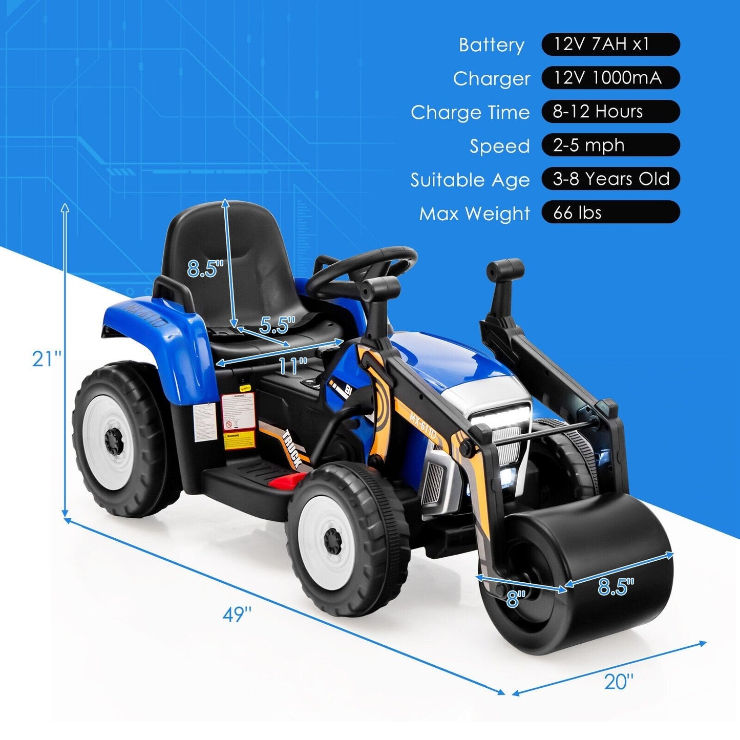 12V Kids Ride on Road Roller with 2.4G Remote Control, Blue Powered Ride On Toys   at Gallery Canada