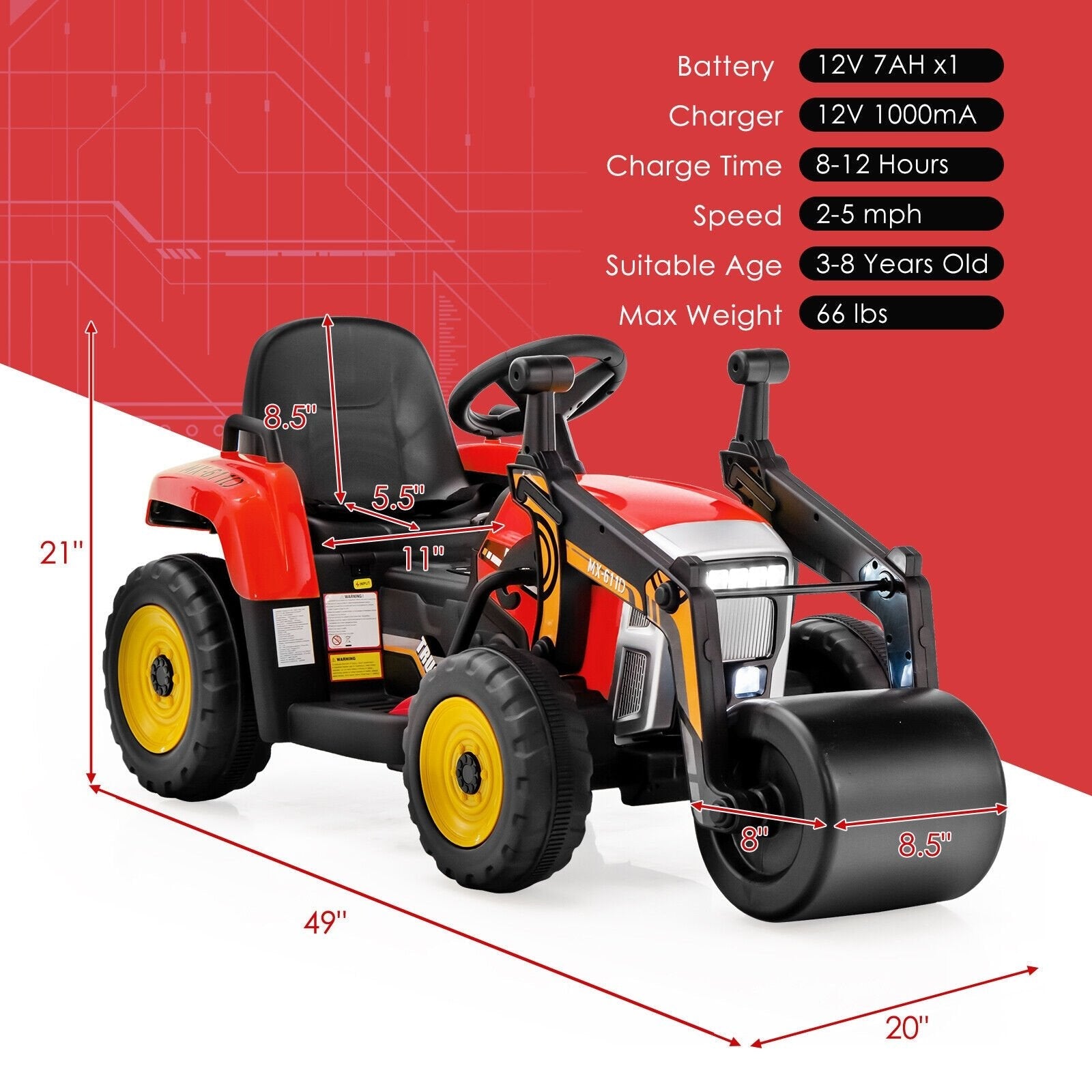 12V Kids Ride on Road Roller with 2.4G Remote Control, Red Powered Ride On Toys   at Gallery Canada