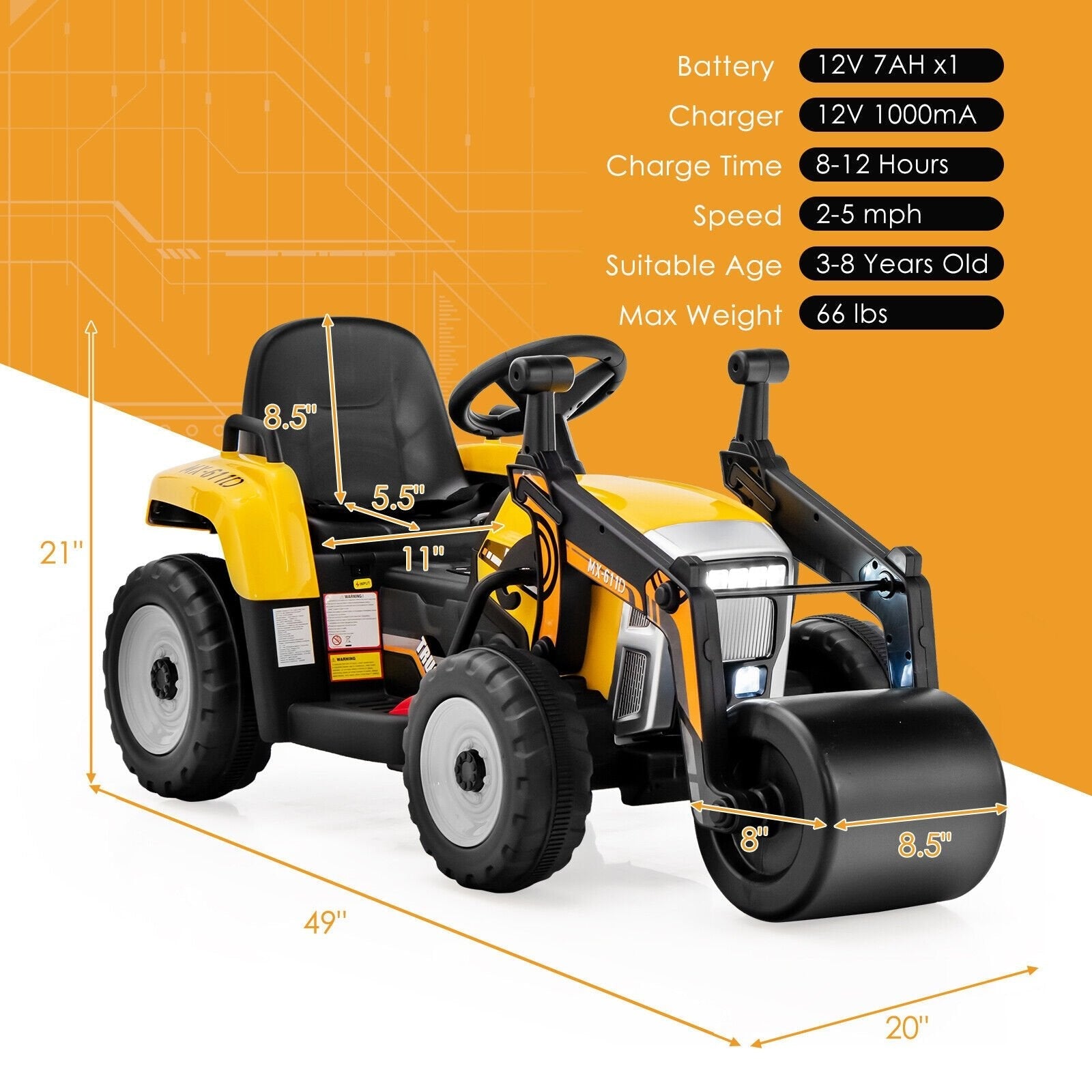 12V Kids Ride on Road Roller with 2.4G Remote Control, Yellow Powered Ride On Toys   at Gallery Canada