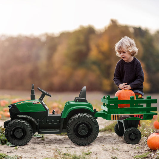 12V Kids Ride On Tractor, Electric Battery Powered Agricultural Toy Car, w/ Back Trailer, Adjustable Speed, 10 LED Headlights, Green - Gallery Canada