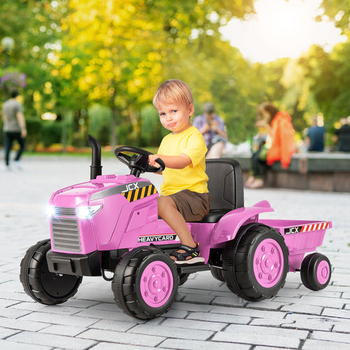 12V Kids Ride On Tractor with Trailer and Remote Control, Pink