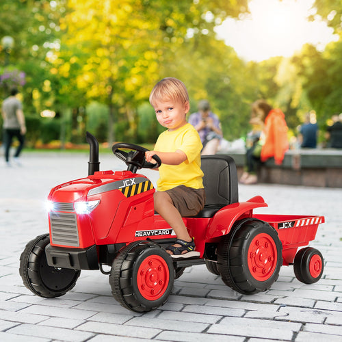 12V Kids Ride On Tractor with Trailer and Remote Control, Red