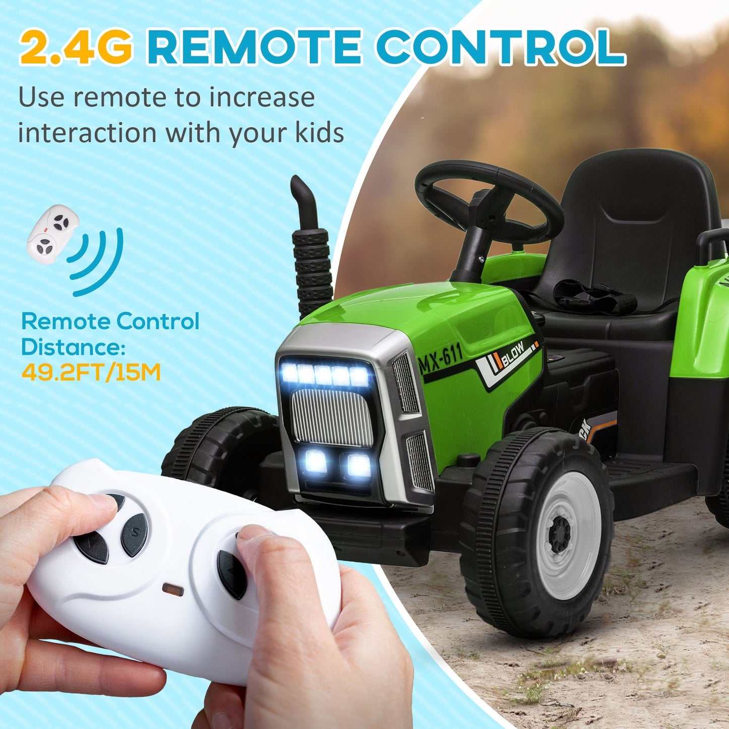 12V Kids Ride on Tractor with Trailer, Battery Powered Electric Tractor with Remote Control, Music Start up Sound and Horn, USB, LED Lights, Green Electric Toy Cars   at Gallery Canada