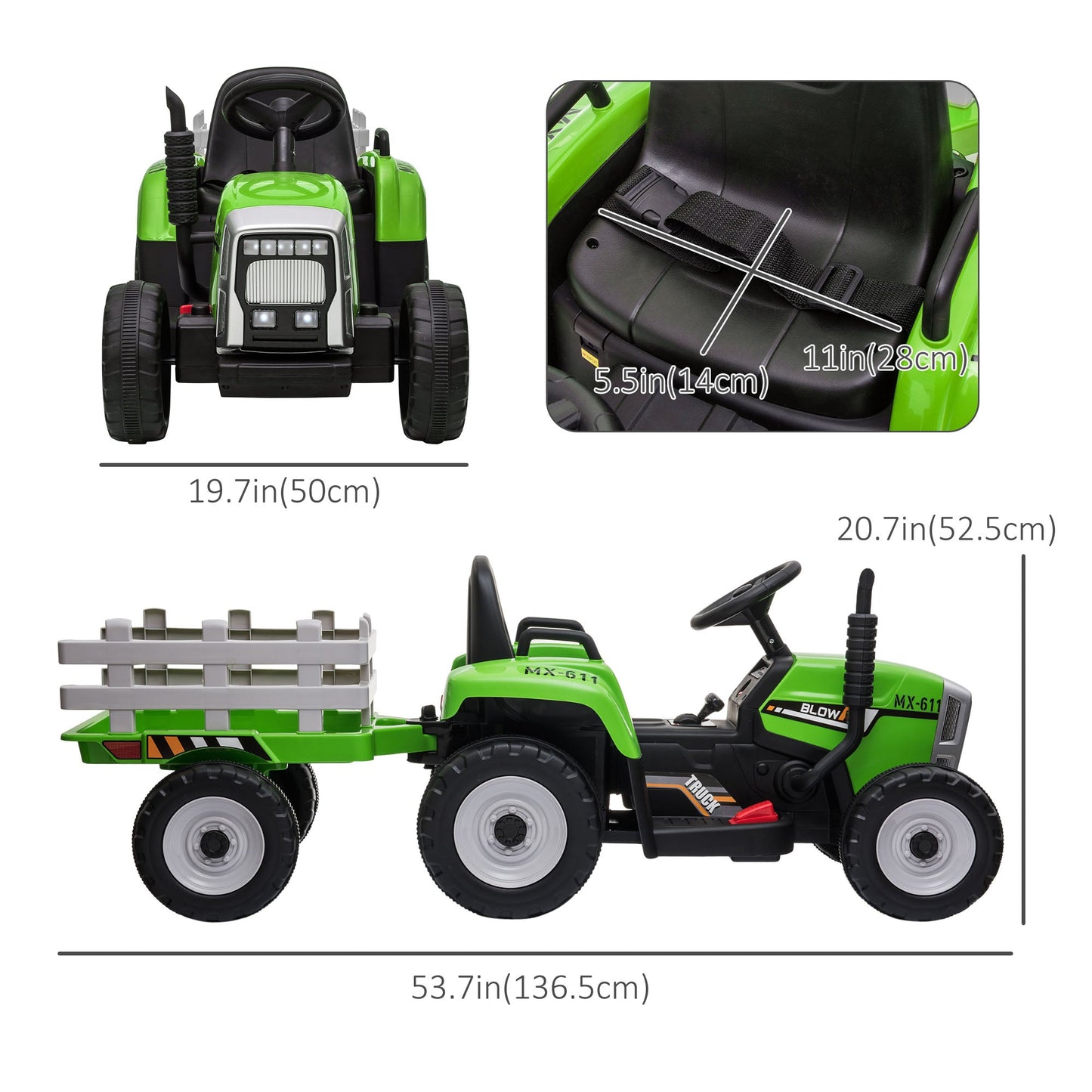 12V Kids Ride on Tractor with Trailer, Battery Powered Electric Tractor with Remote Control, Music Start up Sound and Horn, USB, LED Lights, Green Electric Toy Cars   at Gallery Canada