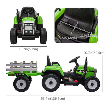 12V Kids Ride on Tractor with Trailer, Battery Powered Electric Tractor with Remote Control, Music Start up Sound and Horn, USB, LED Lights, Green Electric Toy Cars   at Gallery Canada