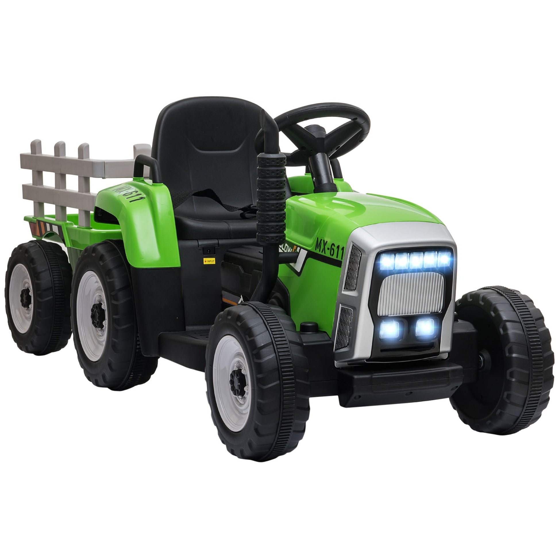 12V Kids Ride on Tractor with Trailer, Battery Powered Electric Tractor with Remote Control, Music Start up Sound and Horn, USB, LED Lights, Green Electric Toy Cars Multi Colour  at Gallery Canada