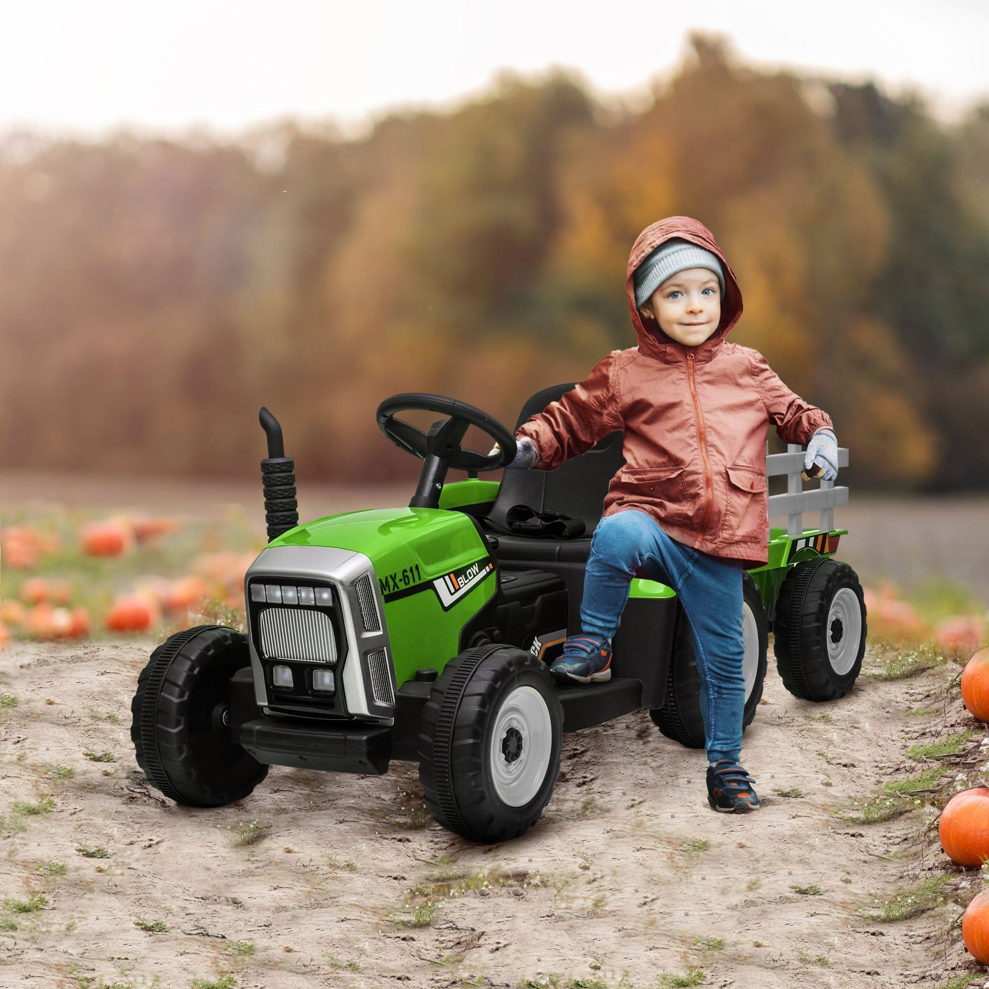 12V Kids Ride on Tractor with Trailer, Battery Powered Electric Tractor with Remote Control, Music Start up Sound and Horn, USB, LED Lights, Green Electric Toy Cars   at Gallery Canada