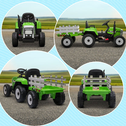 12V Kids Ride on Tractor with Trailer, Battery Powered Electric Tractor with Remote Control, Music Start up Sound and Horn, USB, LED Lights, Green Electric Toy Cars   at Gallery Canada