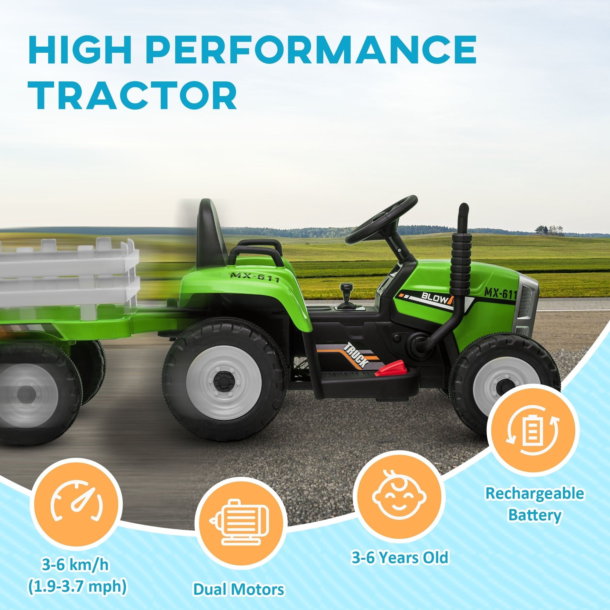 12V Kids Ride on Tractor with Trailer, Battery Powered Electric Tractor with Remote Control, Music Start up Sound and Horn, USB, LED Lights, Green Electric Toy Cars   at Gallery Canada