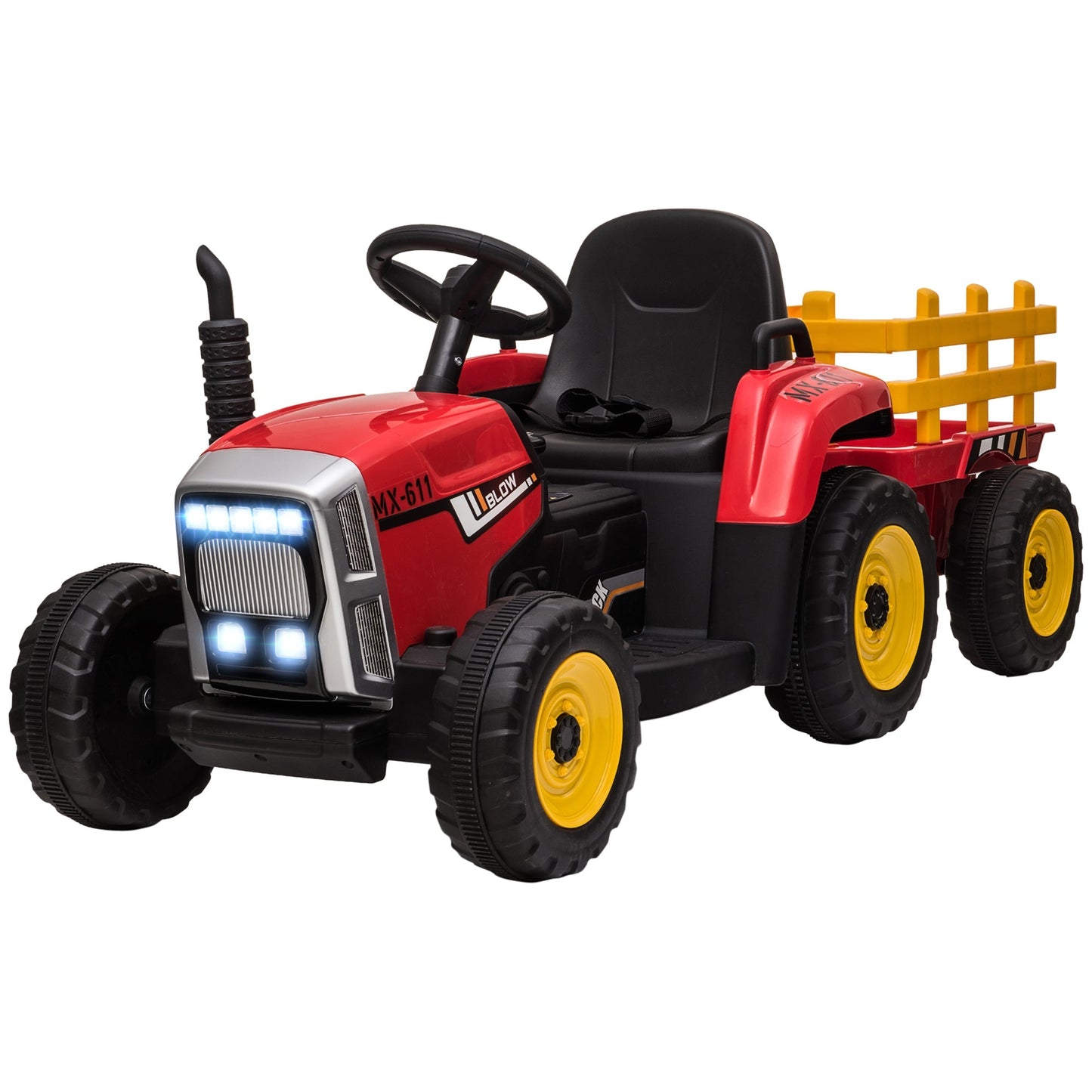 12V Kids Ride on Tractor with Trailer, Remote Control, Music Start up Sound and Horn, USB, LED Lights, Red Electric Toy Cars   at Gallery Canada