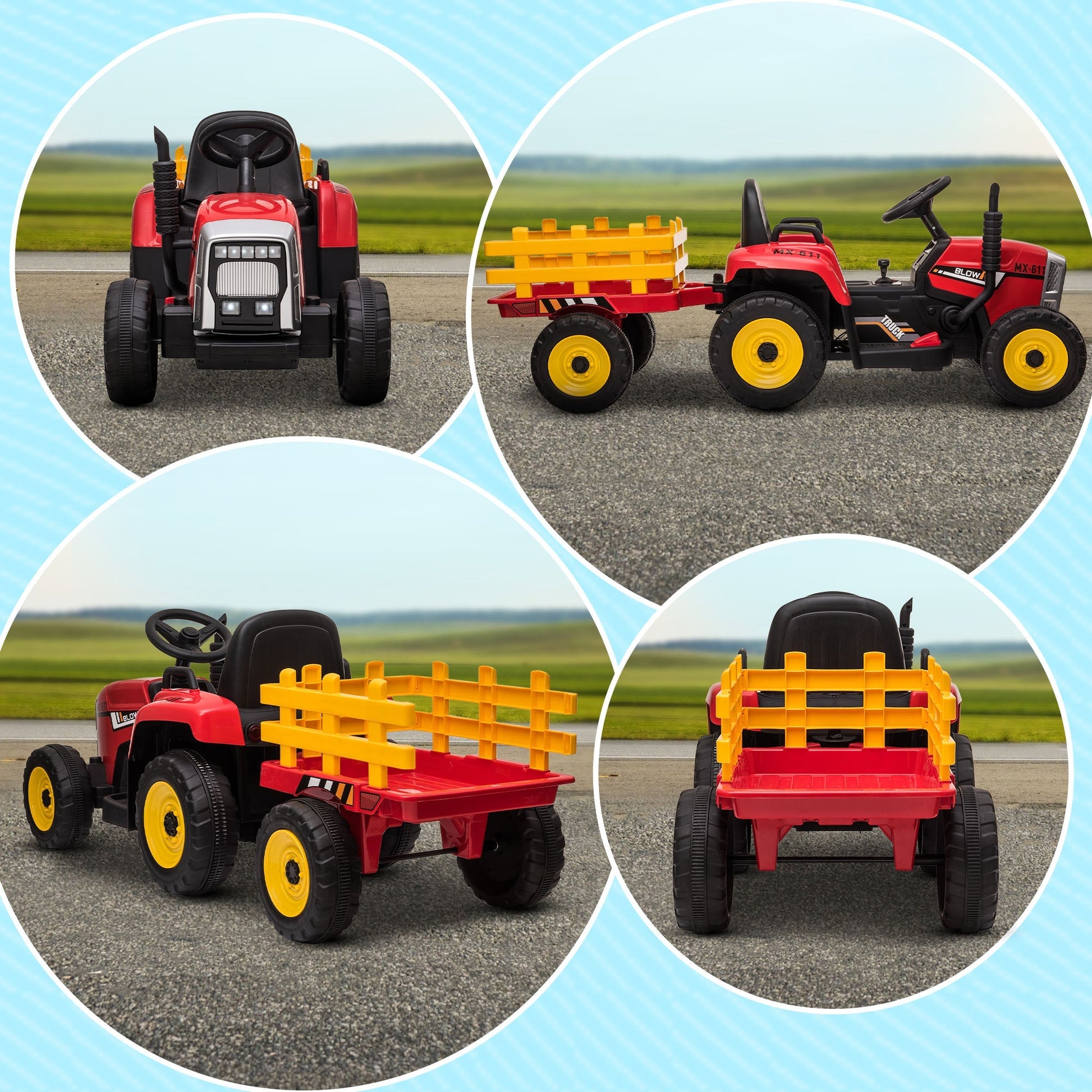 12V Kids Ride on Tractor with Trailer, Remote Control, Music Start up Sound and Horn, USB, LED Lights, Red Electric Toy Cars   at Gallery Canada