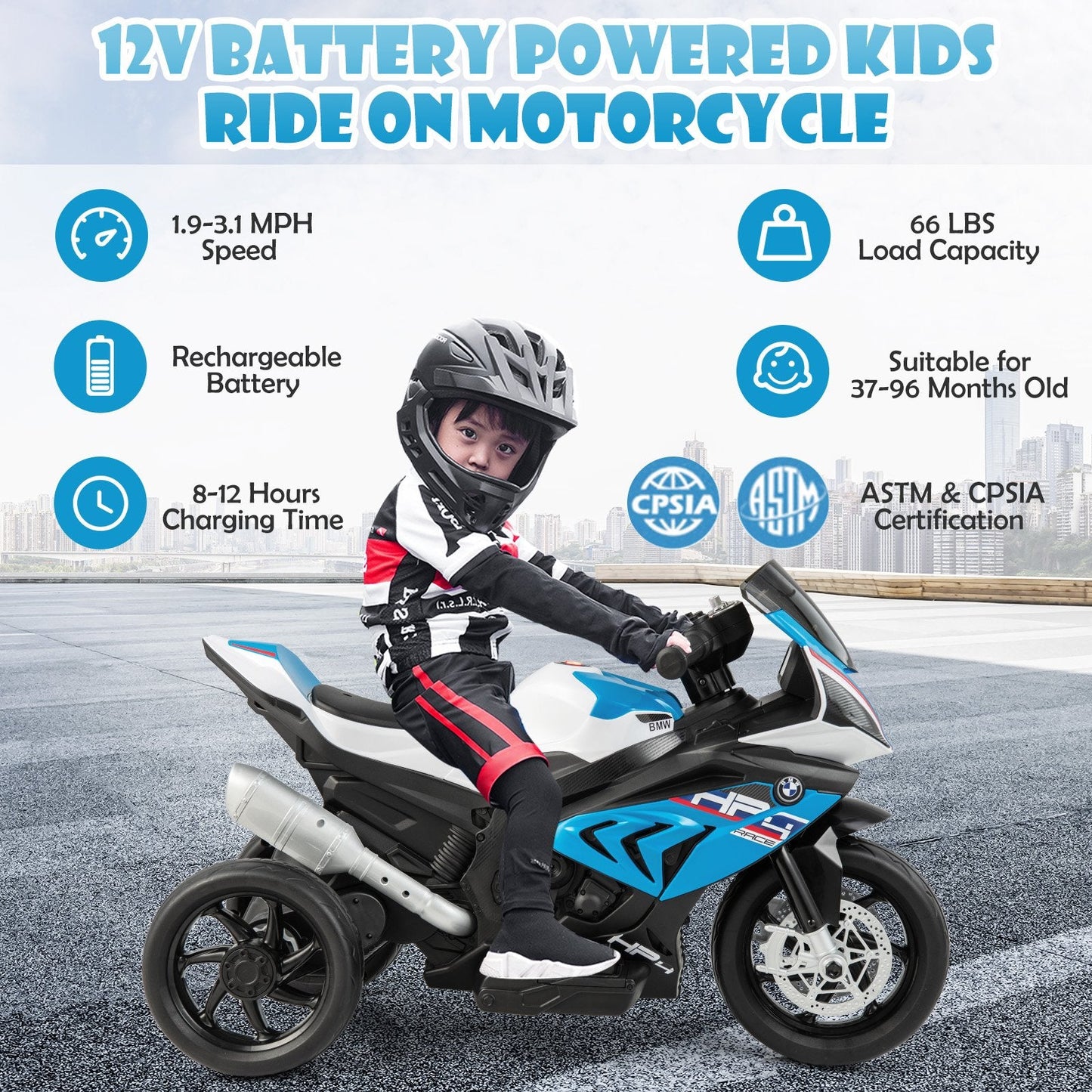 12V Licensed BMW Kids Motorcycle Ride-On Toy for 37-96 Months Old Kids, Blue Powered Ride On Toys   at Gallery Canada