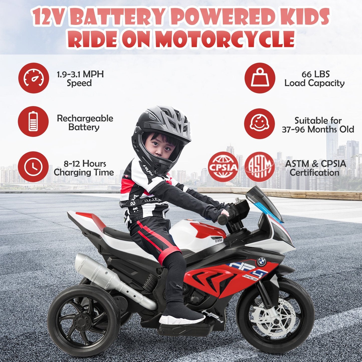 12V Licensed BMW Kids Motorcycle Ride-On Toy for 37-96 Months Old Kids, Red Powered Ride On Toys   at Gallery Canada