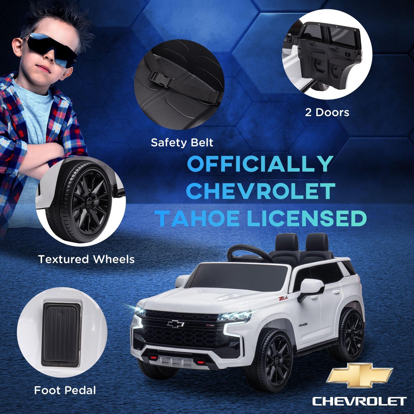 12V Chevrolet TAHOE Kids Ride On Car with Remote, 3 Speeds, LED, Music, White Electric Toy Cars   at Gallery Canada