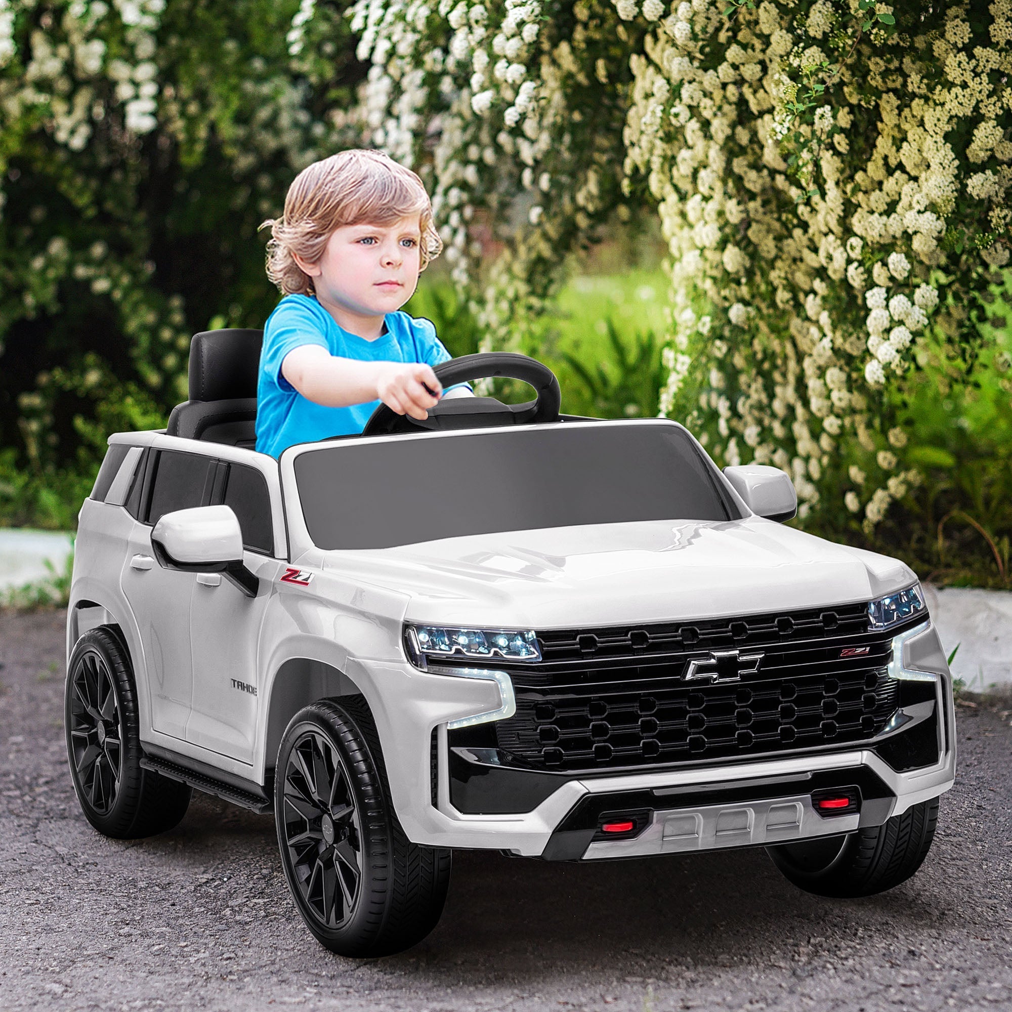 12V Chevrolet TAHOE Kids Ride On Car with Remote, 3 Speeds, LED, Music, White Electric Toy Cars   at Gallery Canada