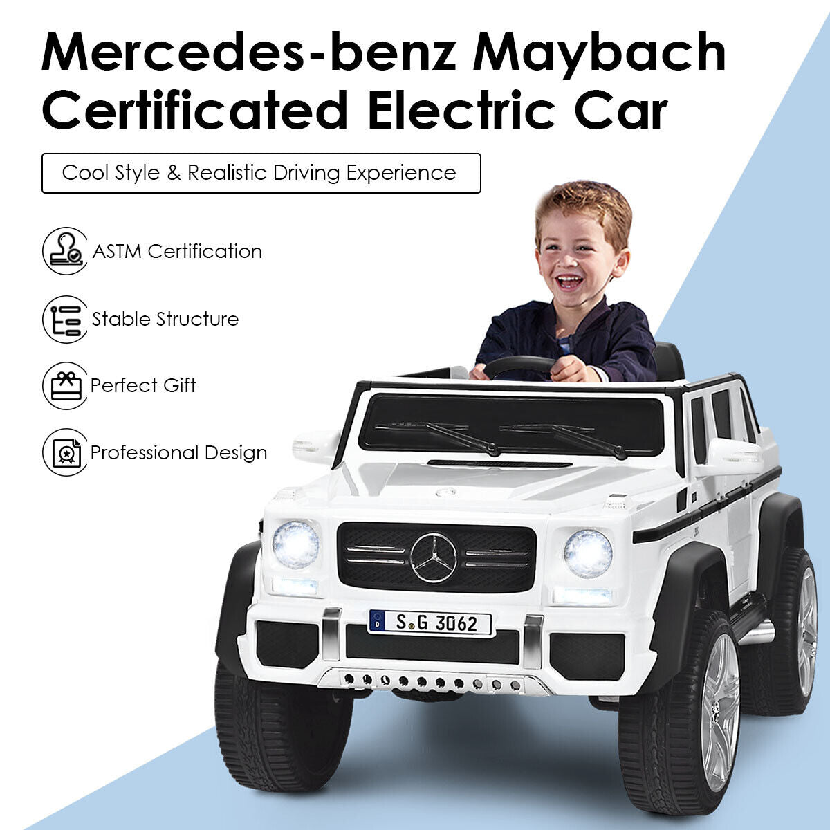 12V Licensed Mercedes-Benz Kids Ride On Car, White Powered Ride On Toys   at Gallery Canada