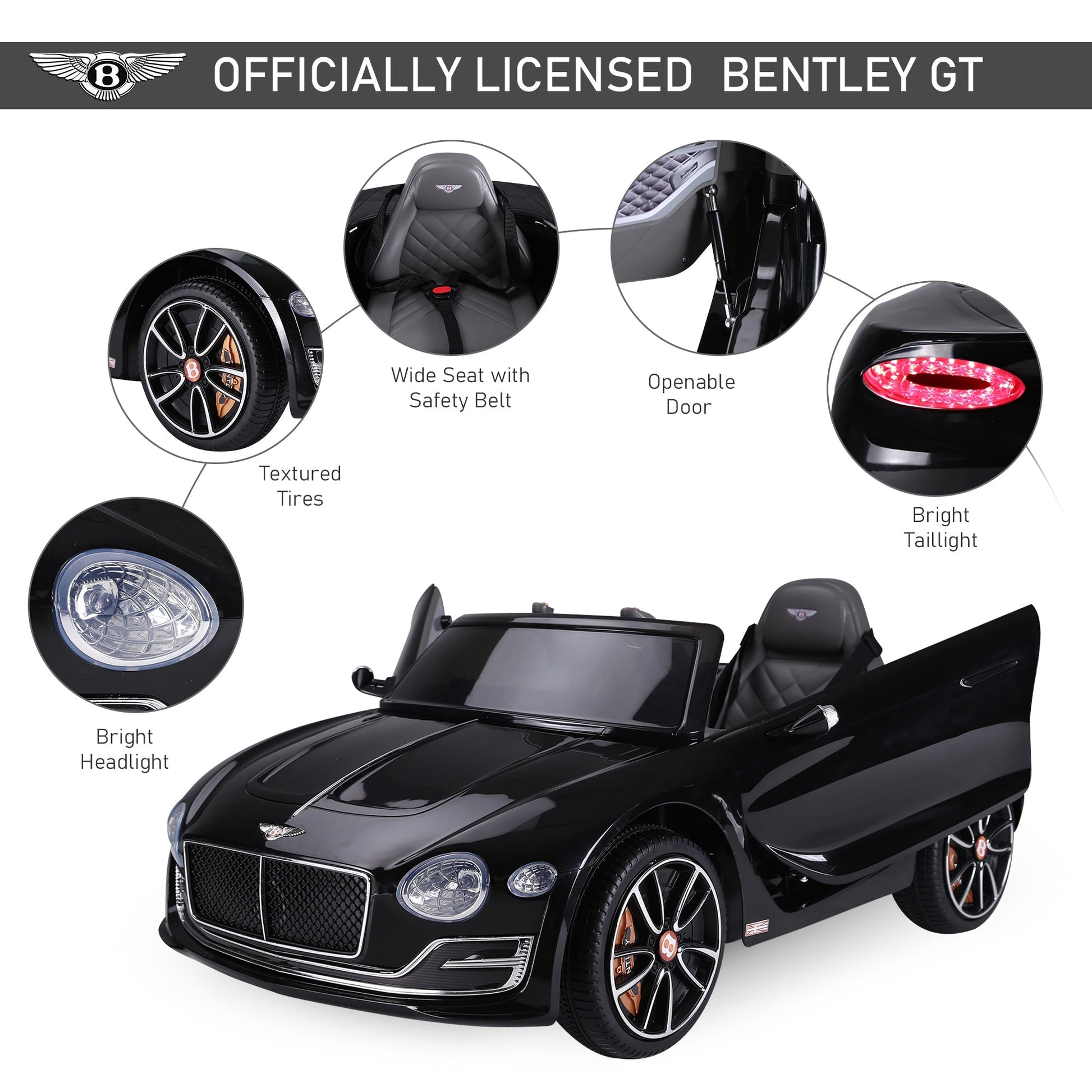 12V Ride On Car Licensed Bentley Battery Powered Electric Vehicles w/ Parent Remote Control, 2 Speed - Black Electric Toy Cars   at Gallery Canada