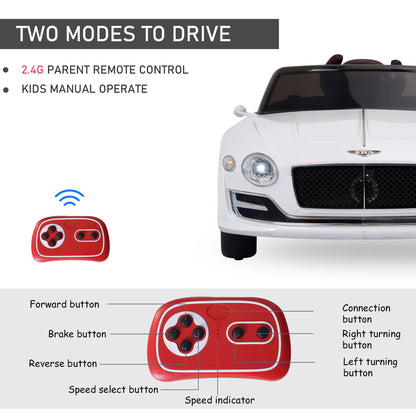 12V Ride On Car Licensed Bentley Battery Powered Electric Vehicles w/ Parent Remote Control, 2 Speed - White Electric Toy Cars   at Gallery Canada