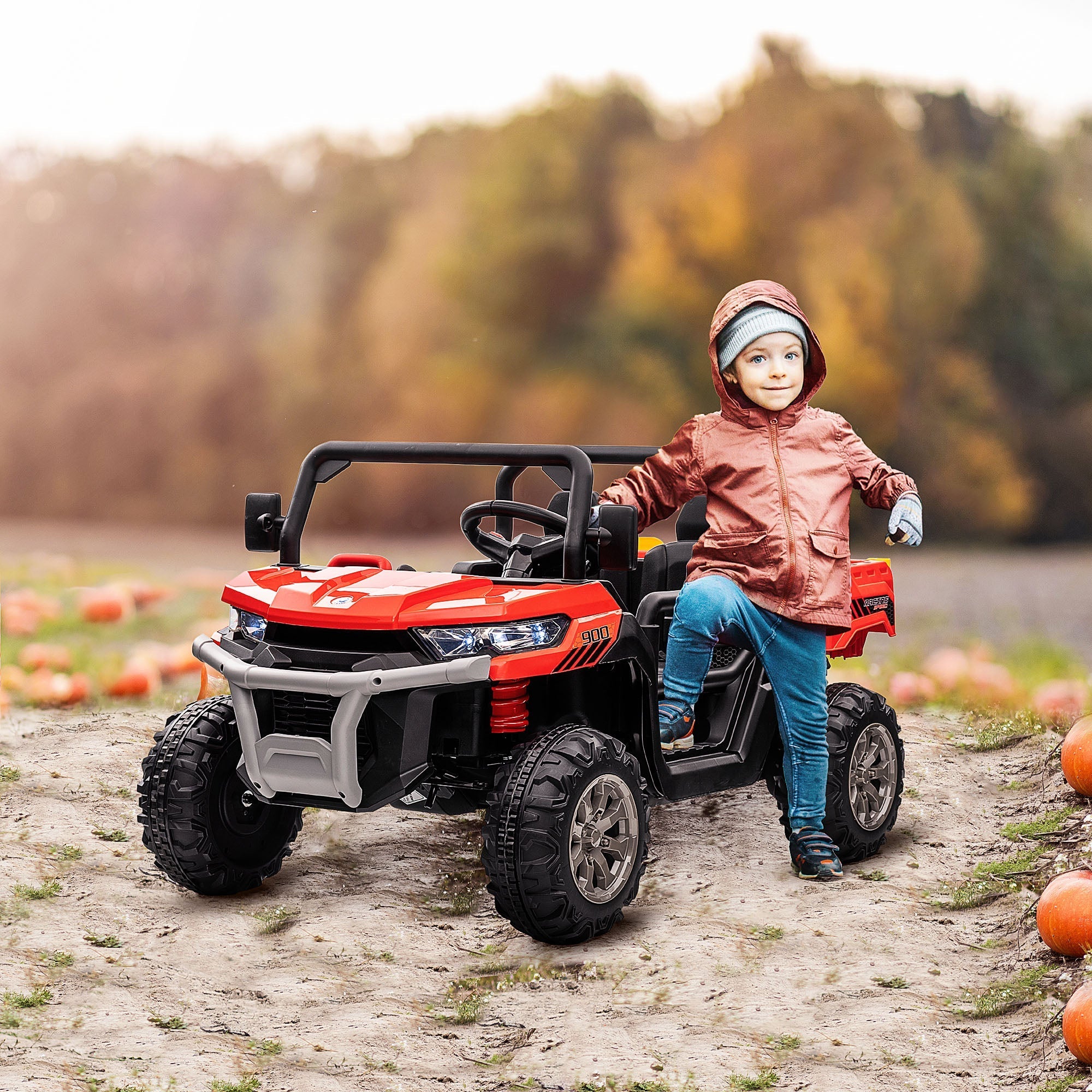 12V Ride on Car with Electric Bucket, Two-Seater Battery-Powered Cars for Kids with Shovel, Remote Control, Spring Suspension, Horn, Music, Red Electric Toy Cars   at Gallery Canada