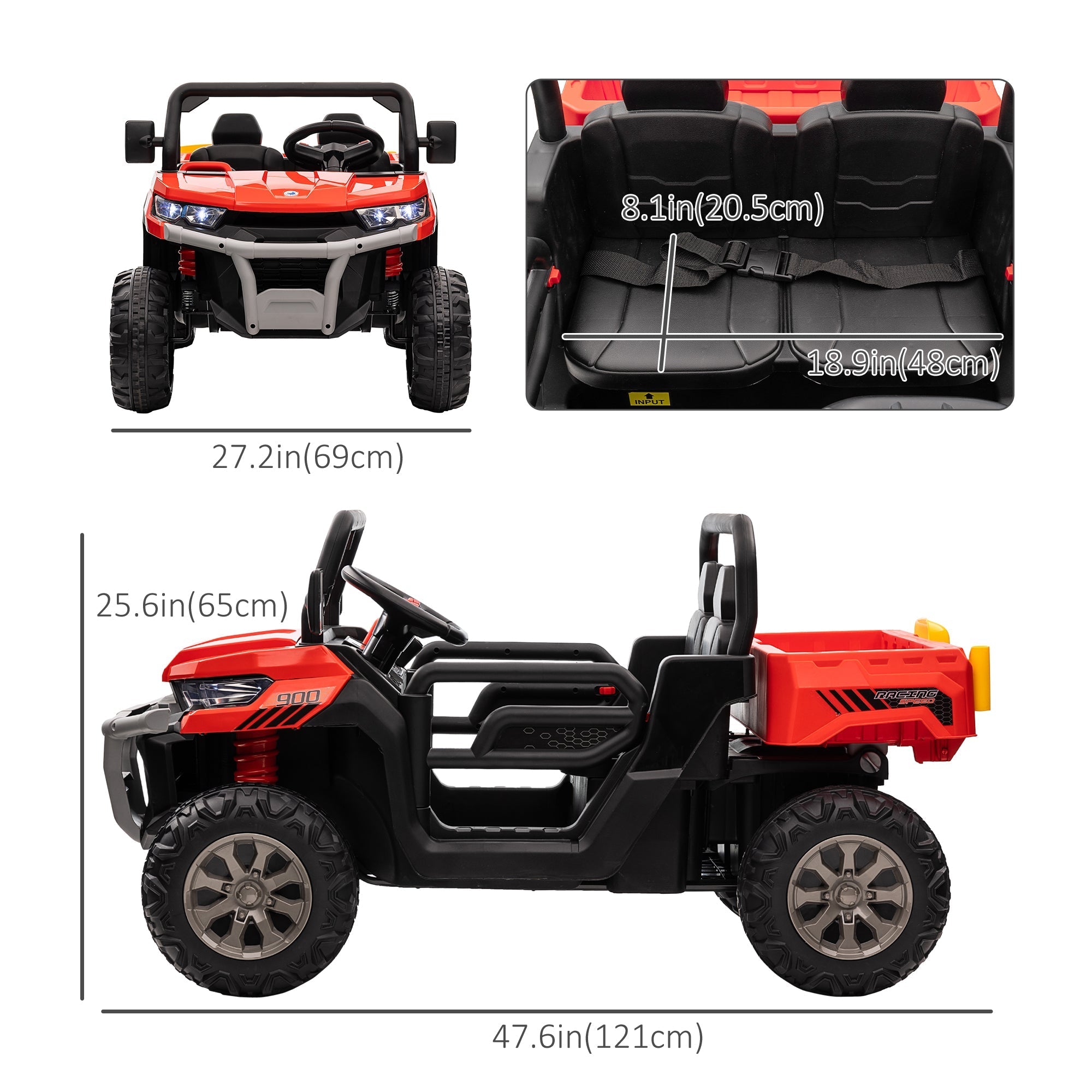 12V Ride on Car with Electric Bucket, Two-Seater Battery-Powered Cars for Kids with Shovel, Remote Control, Spring Suspension, Horn, Music, Red Electric Toy Cars   at Gallery Canada