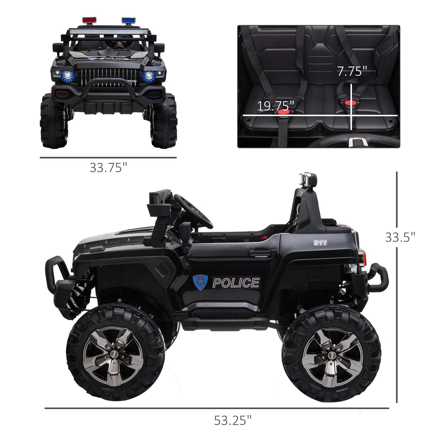 12V Ride On Police Car 2 Seater For 3 - 8 Years Old Kids W/ Parental Remote Control Led Lights Mp3 Black Electric Toy Cars   at Gallery Canada