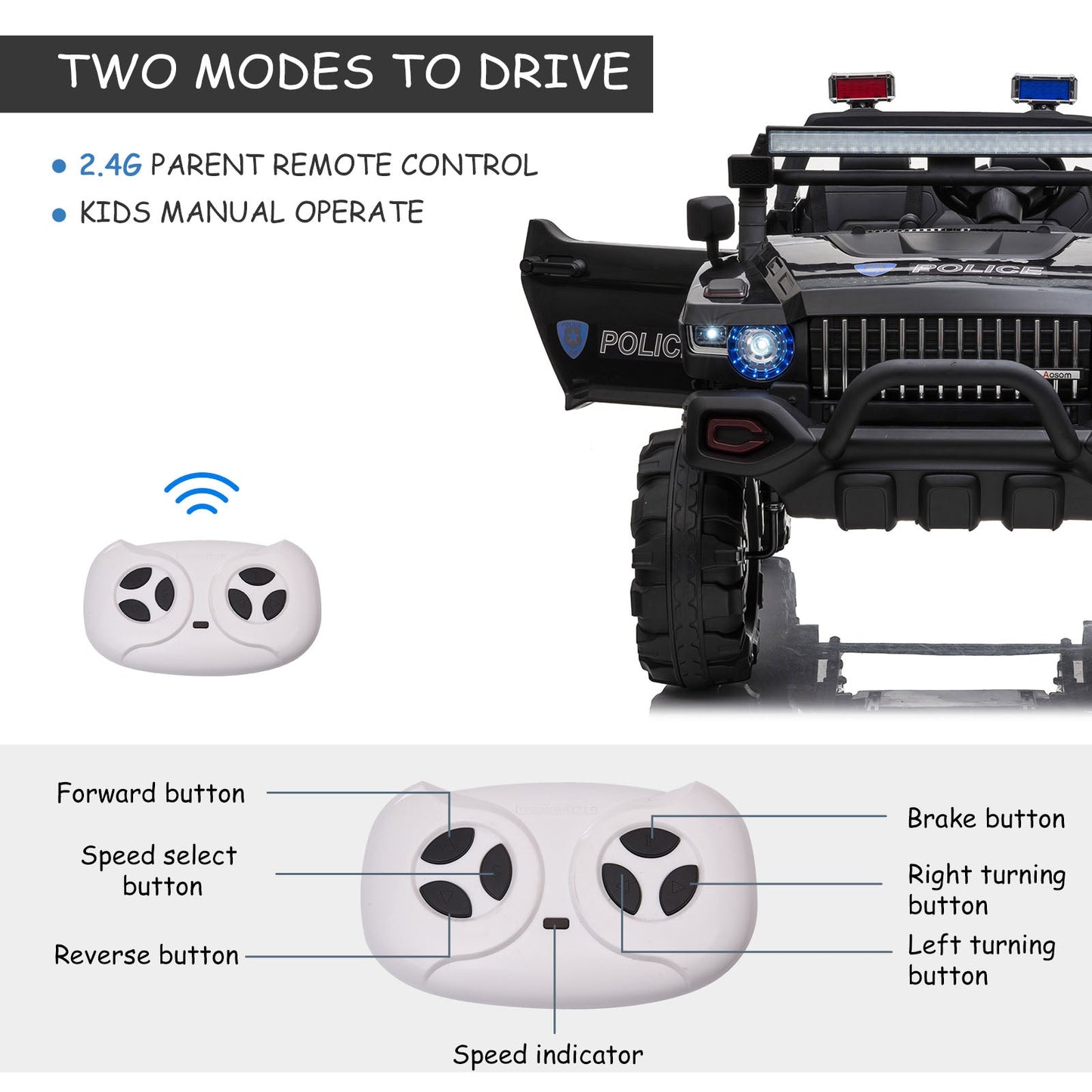 12V Ride On Police Car 2 Seater For 3 - 8 Years Old Kids W/ Parental Remote Control Led Lights Mp3 Black Electric Toy Cars   at Gallery Canada