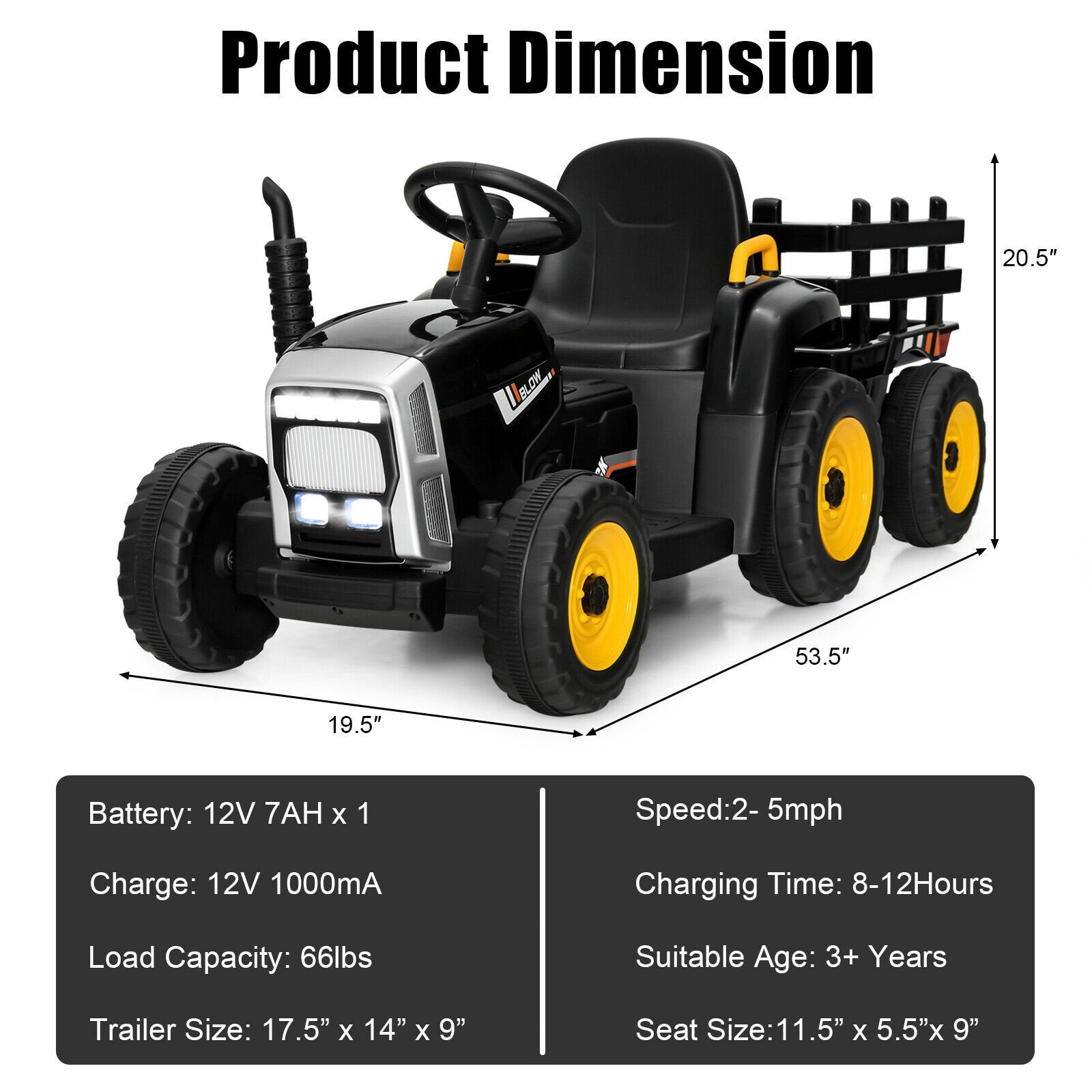 12V Ride on Tractor with 3-Gear-Shift Ground Loader for Kids 3+ Years Old, Black Powered Ride On Toys   at Gallery Canada