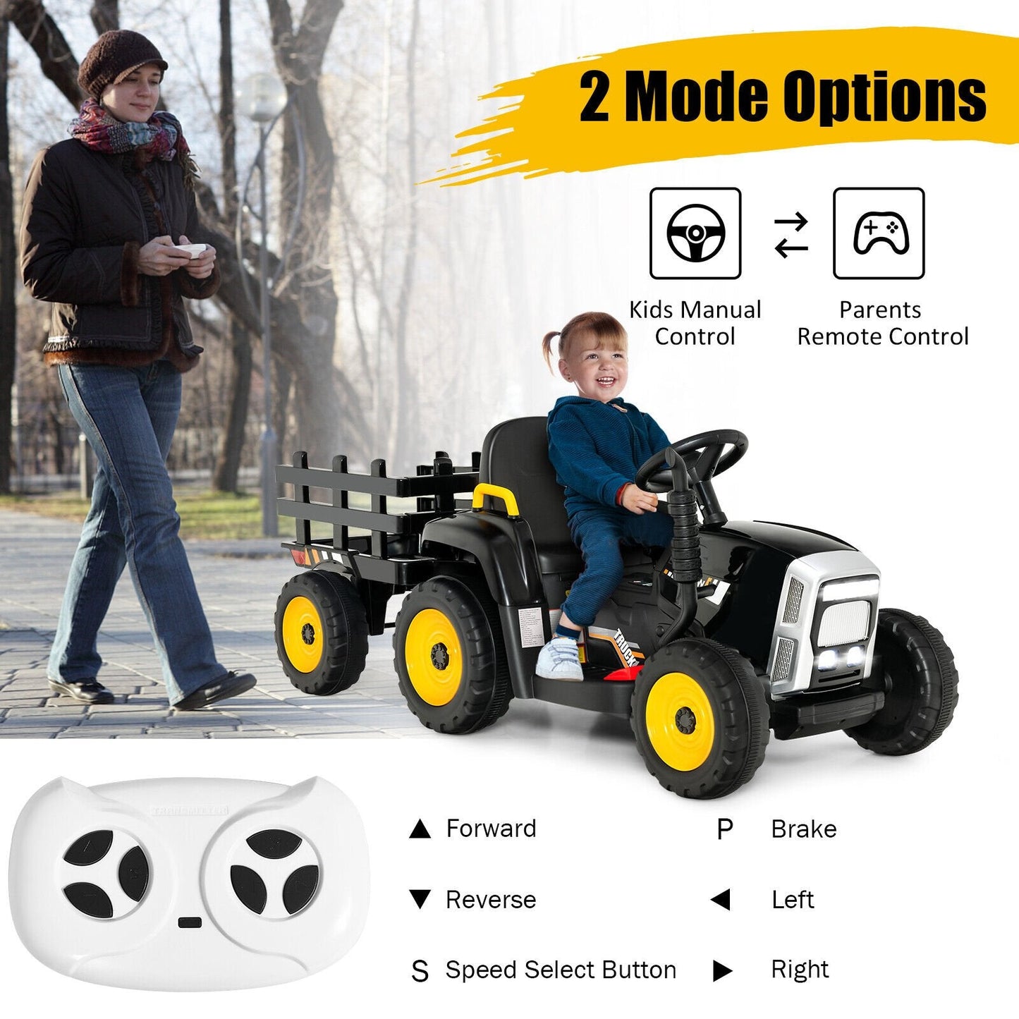 12V Ride on Tractor with 3-Gear-Shift Ground Loader for Kids 3+ Years Old, Black Powered Ride On Toys   at Gallery Canada