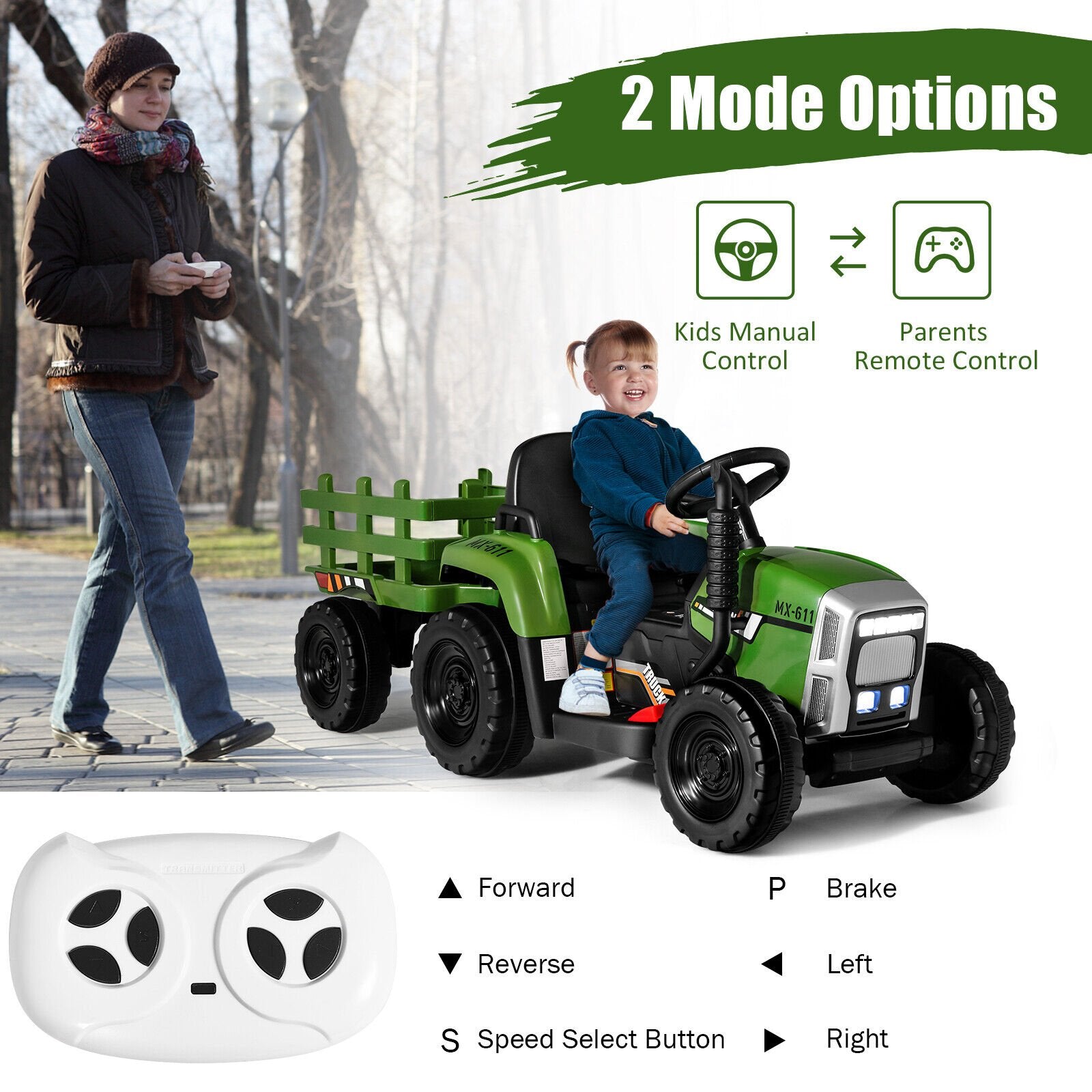 12V Ride on Tractor with 3-Gear-Shift Ground Loader for Kids 3+ Years Old, Dark Green Powered Ride On Toys   at Gallery Canada