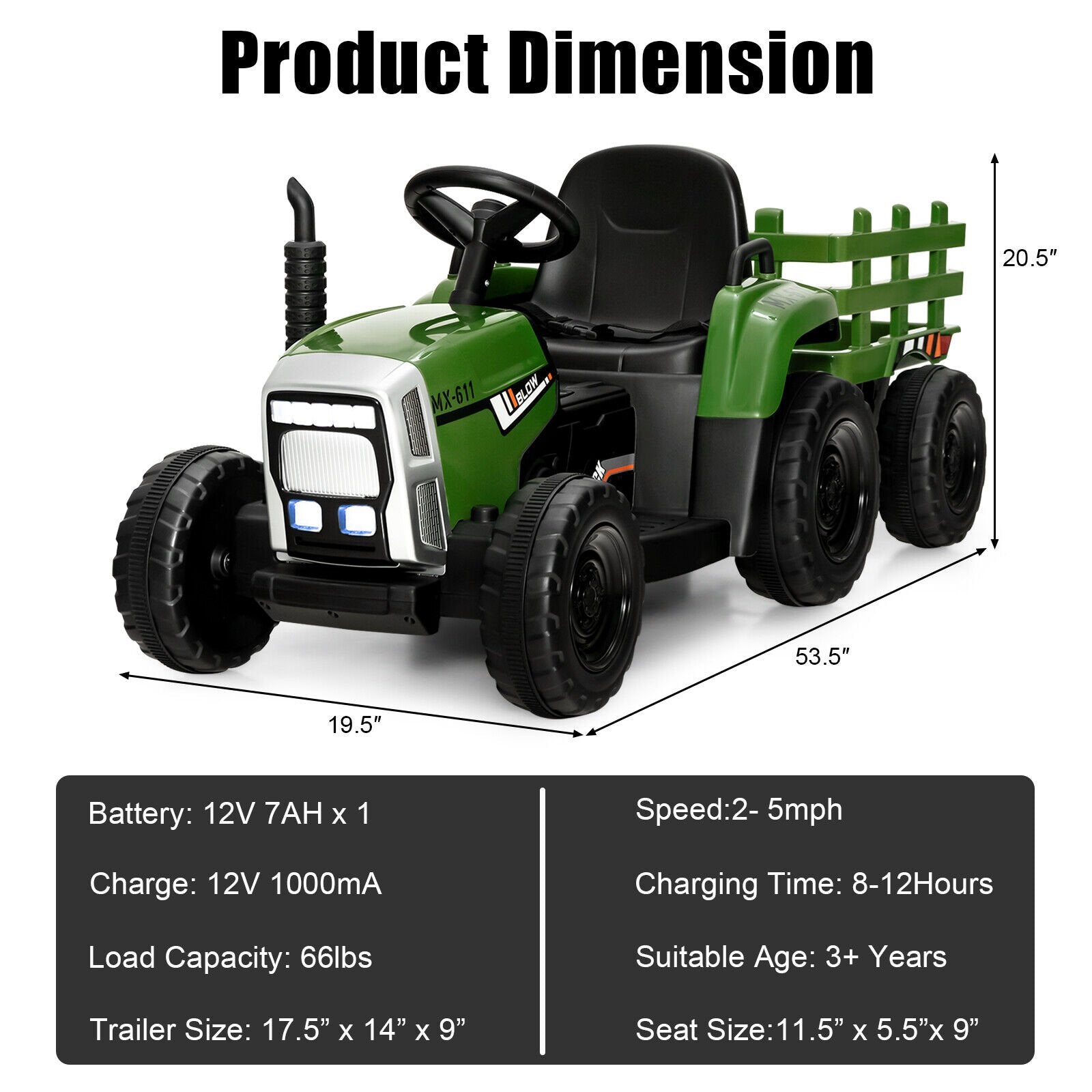 12V Ride on Tractor with 3-Gear-Shift Ground Loader for Kids 3+ Years Old, Dark Green Powered Ride On Toys   at Gallery Canada