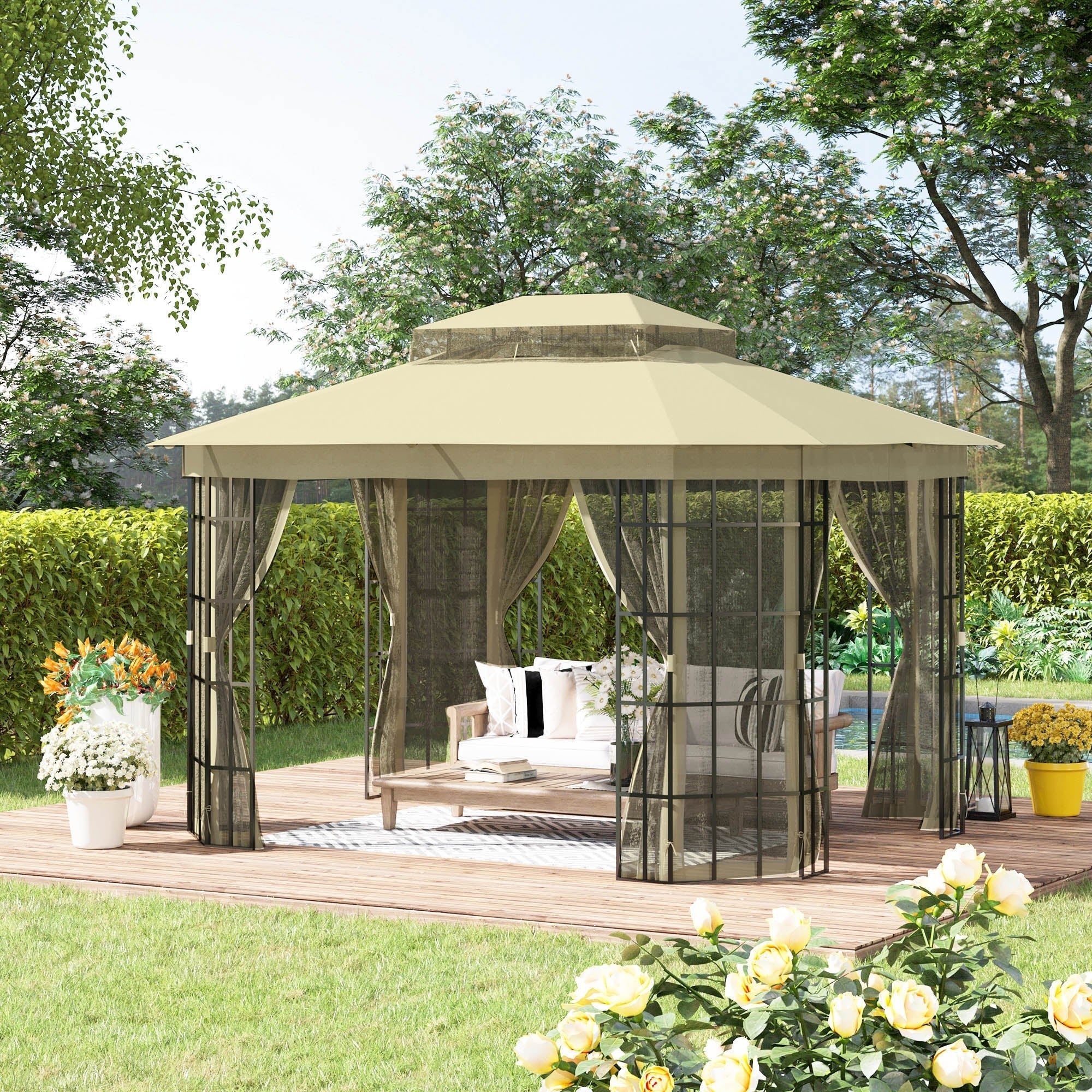 12'x10' Soft-top Patio Gazebo Canopy Steel Gazebo with Double Vented Roof, Mosquito Netting, Beige Gazebos   at Gallery Canada