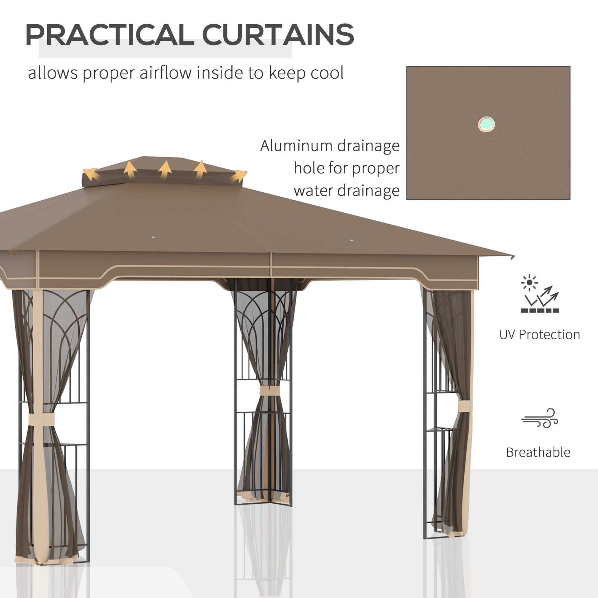 12'x10' Soft-top Patio Gazebo Covered Gazebo Backyard Tent with Double Tier Roof and Netting Sidewalls, Brown Gazebos   at Gallery Canada