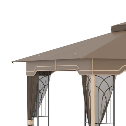 12'x10' Soft-top Patio Gazebo Covered Gazebo Backyard Tent with Double Tier Roof and Netting Sidewalls, Brown Gazebos   at Gallery Canada