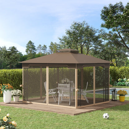 12'x10' Soft-top Patio Gazebo Covered Gazebo Backyard Tent with Double Tier Roof and Netting Sidewalls, Brown Gazebos   at Gallery Canada