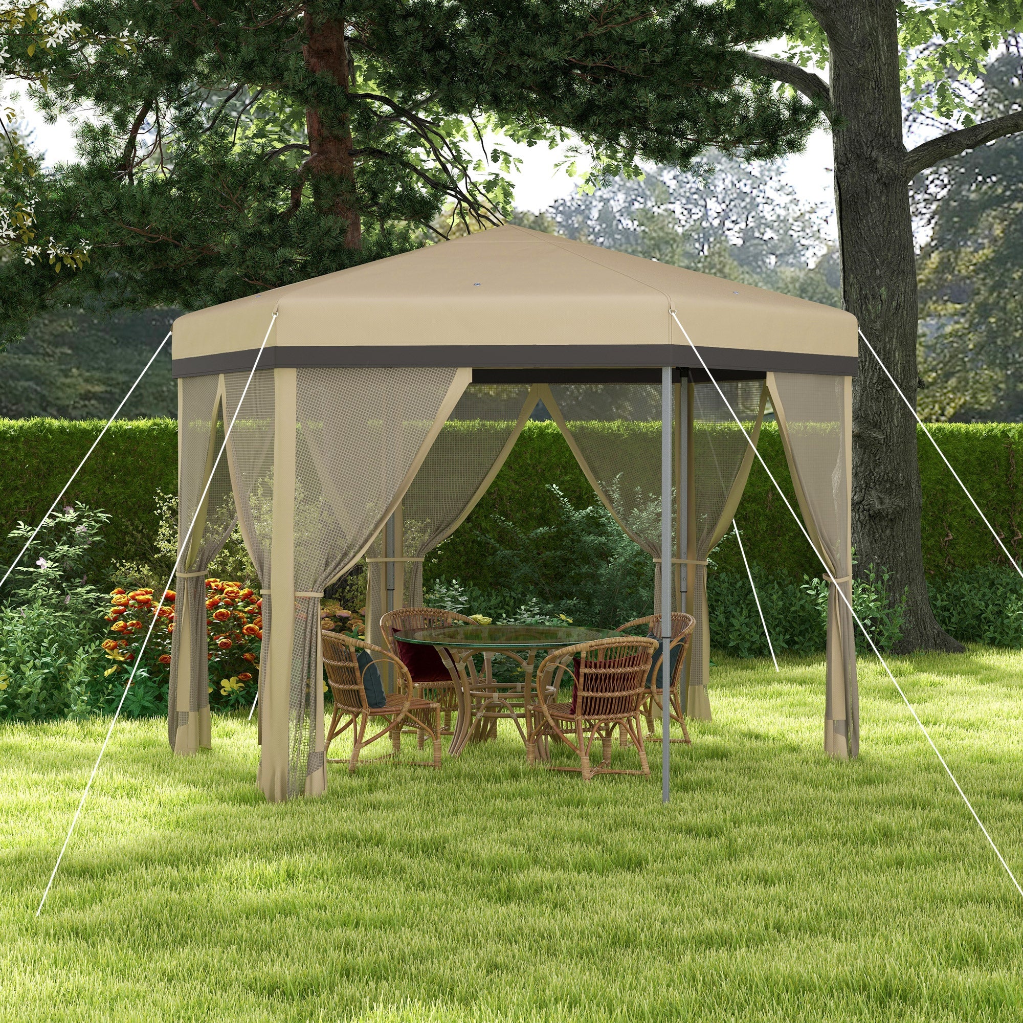 12'x12' Pop Up Canopy, Hexagon Gazebo with Netting, Carry Bag, Height Adjustable Instant Shelter, Khaki Pop Up Canopies   at Gallery Canada