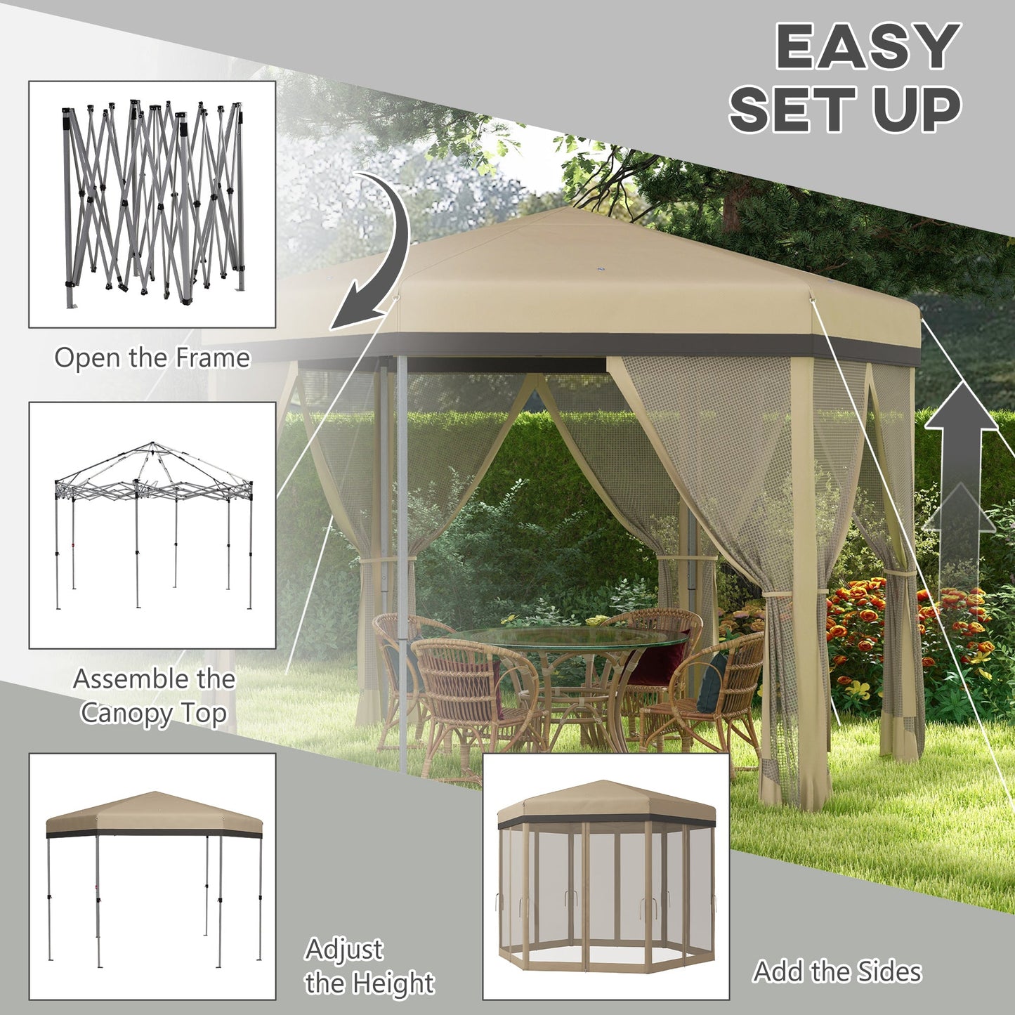 12'x12' Pop Up Canopy, Hexagon Gazebo with Netting, Carry Bag, Height Adjustable Instant Shelter, Khaki Pop Up Canopies   at Gallery Canada