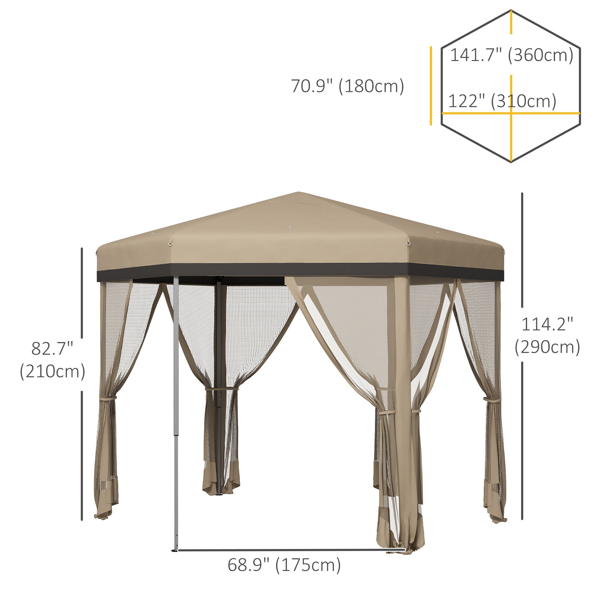 12'x12' Pop Up Canopy, Hexagon Gazebo with Netting, Carry Bag, Height Adjustable Instant Shelter, Khaki Pop Up Canopies   at Gallery Canada