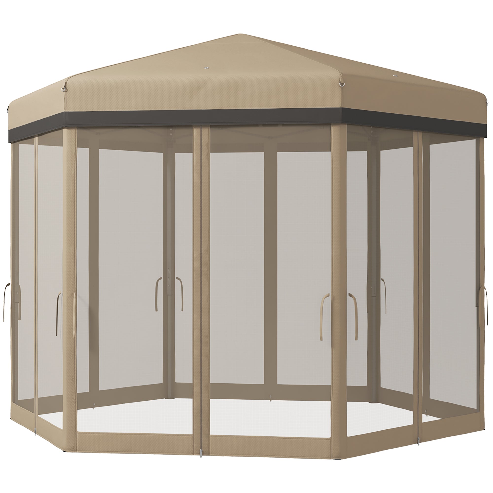 12'x12' Pop Up Canopy, Hexagon Gazebo with Netting, Carry Bag, Height Adjustable Instant Shelter, Khaki Pop Up Canopies Khaki  at Gallery Canada