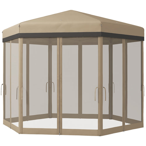 12'x12' Pop Up Canopy, Hexagon Gazebo with Netting, Carry Bag, Height Adjustable Instant Shelter, Khaki