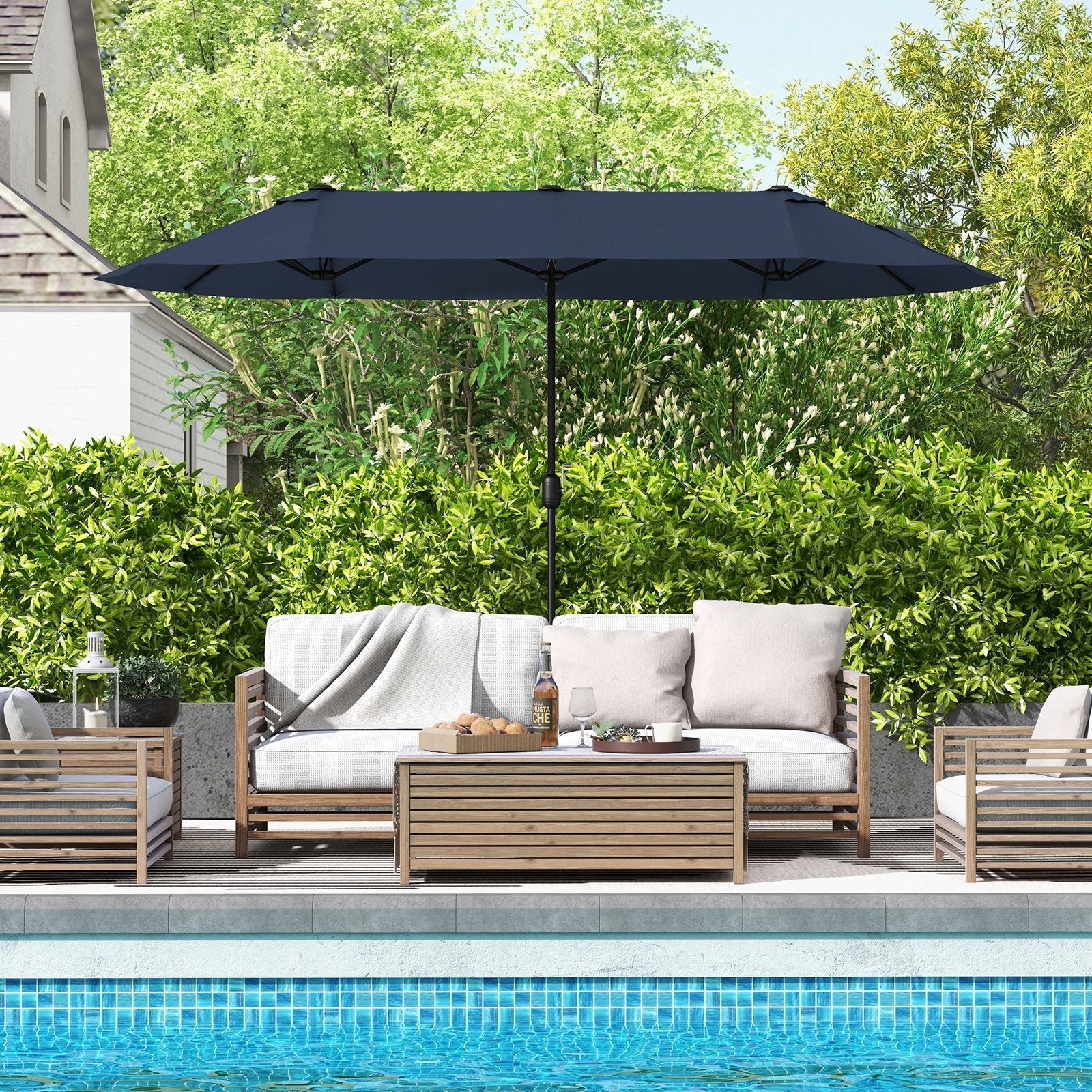 13 Feet Double-Sided Patio Twin Table Umbrella with Crank Handle, Navy Outdoor Umbrellas   at Gallery Canada