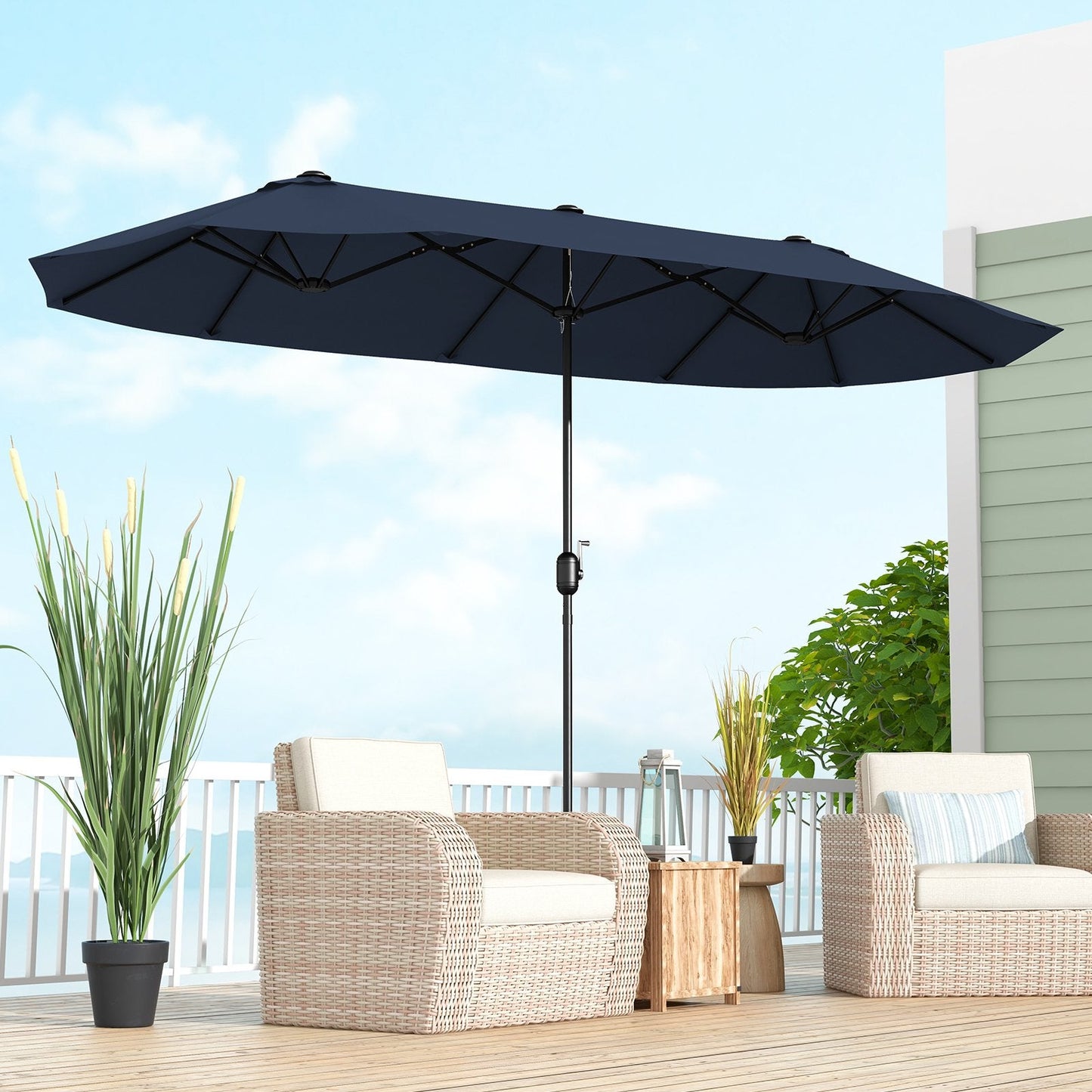 13 Feet Double-Sided Patio Twin Table Umbrella with Crank Handle, Navy Outdoor Umbrellas   at Gallery Canada