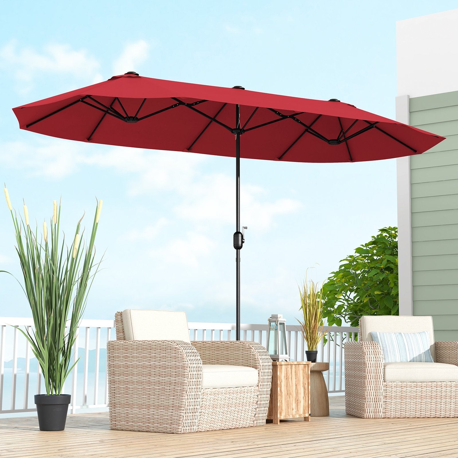 13 Feet Double-Sided Patio Twin Table Umbrella with Crank Handle, Wine Outdoor Umbrellas   at Gallery Canada