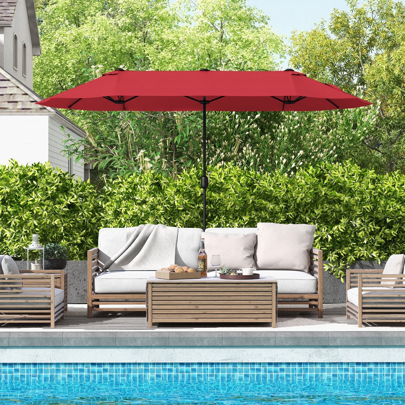 13 Feet Double-Sided Patio Twin Table Umbrella with Crank Handle, Wine Outdoor Umbrellas   at Gallery Canada