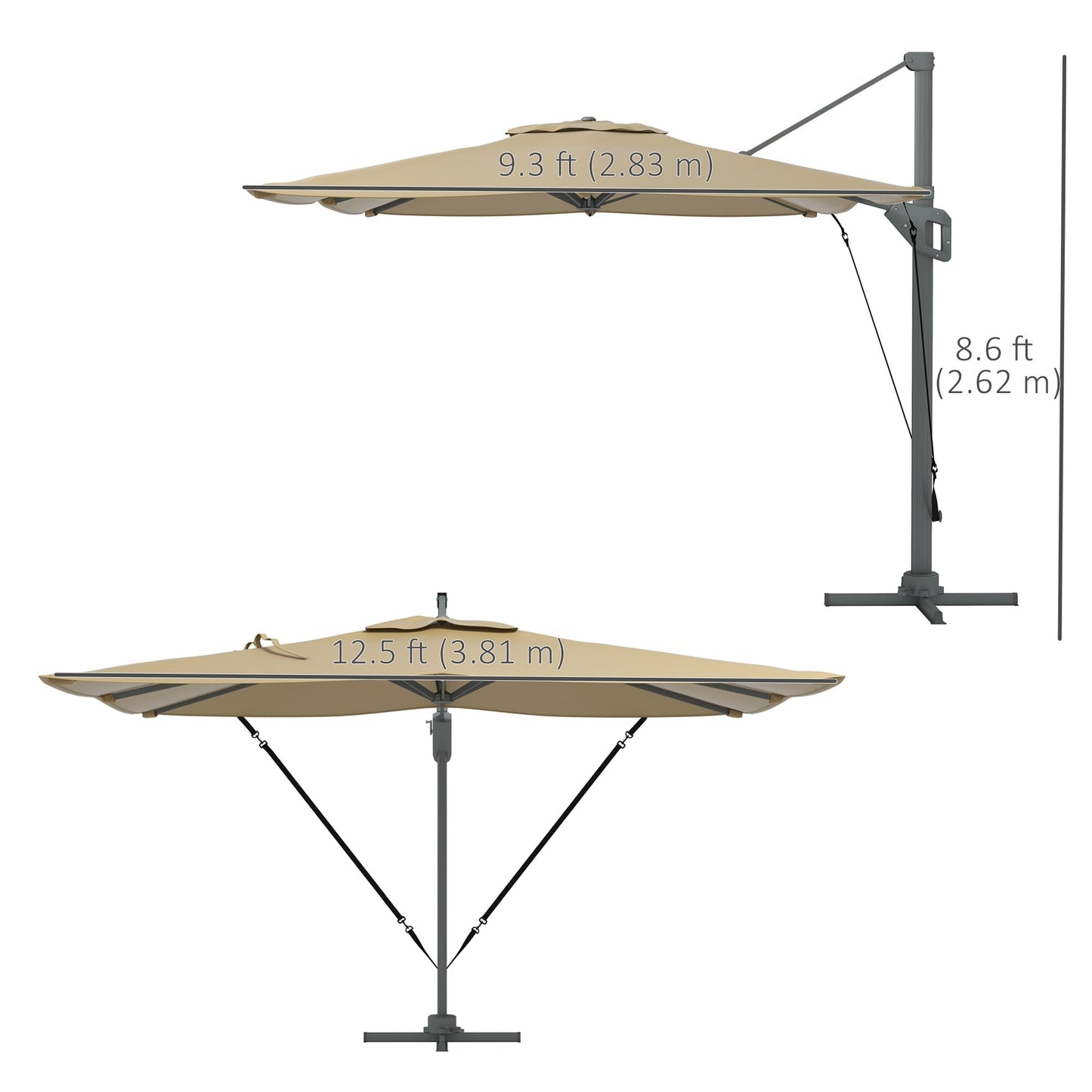 13 FT Cantilever Umbrella, Aluminum Hanging Offset Umbrella with 360°Rotation, Crank, Tilt, Cross Base, Khaki Cantilever Umbrellas   at Gallery Canada